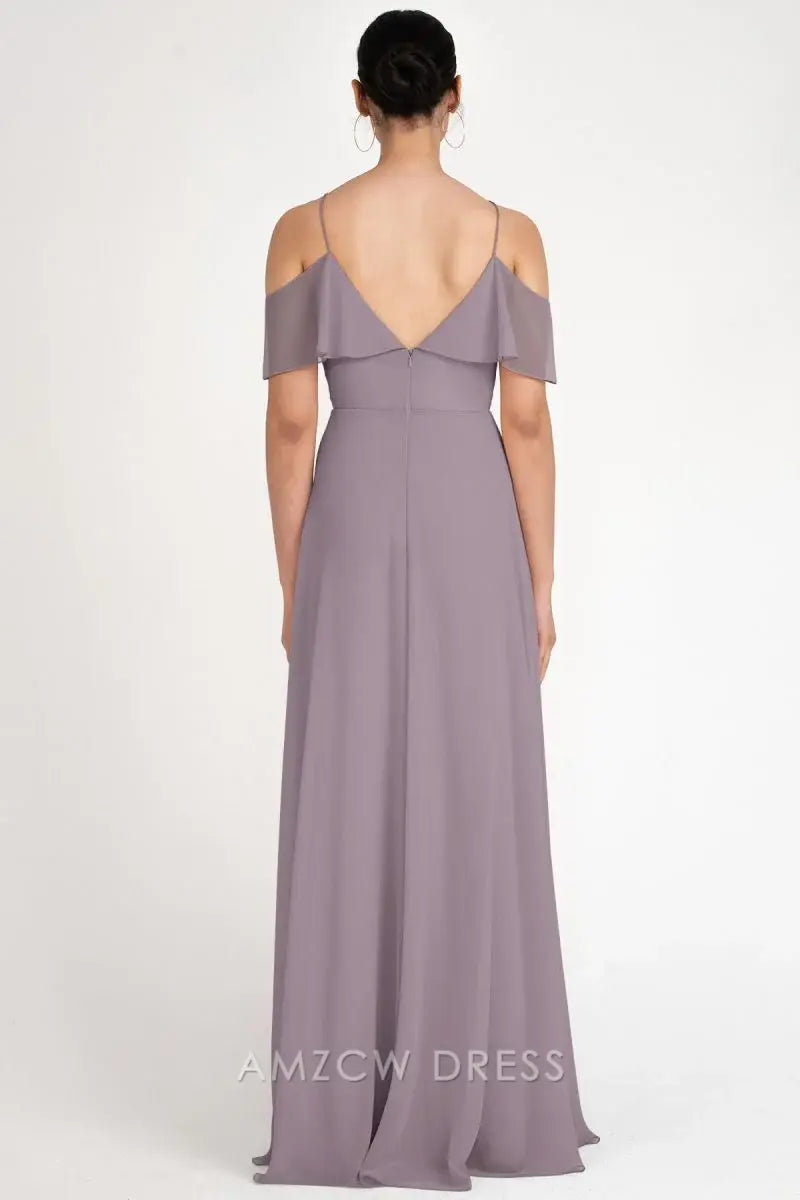 Vestido elegante de gasa lila Amzcw con hombros descubiertos, detalle de volantes, cintura alta, fluido, maxivestido formal.