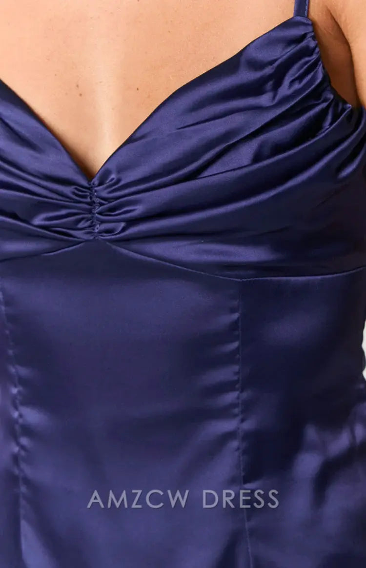 Amzcw Elegant Navy Satin Mini Dress with Ruched Bust & Spaghetti Straps Party wear