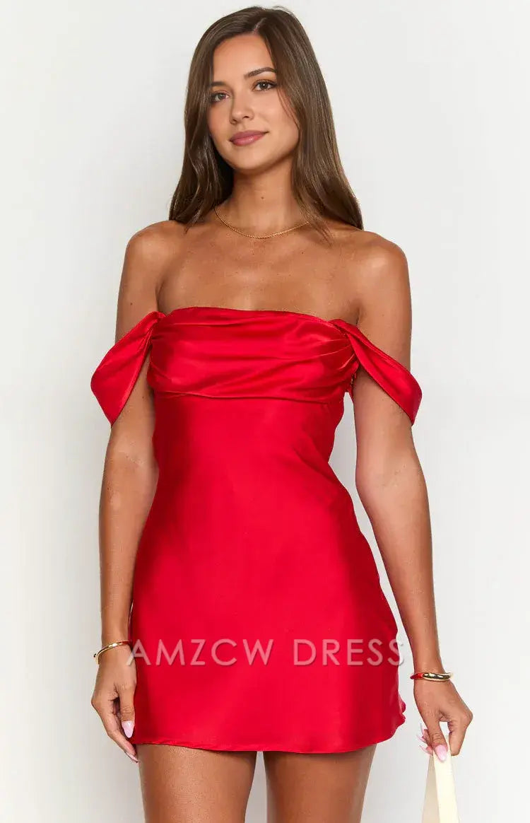 Amzcw Elegant Off - Shoulder Bow - Detail Mini Dress: A Show - Stopper for Date Nights, Anniversary Dinners, and Romantic Escapes. Its Sophisticated Silhouette and Chic Bow Add Allure to Intimate Occasions.