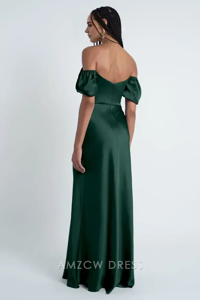Amzcw Elegant Off - Shoulder Ruffled - Sleeve Satin Gown: Elegant Allure formal wear dresses