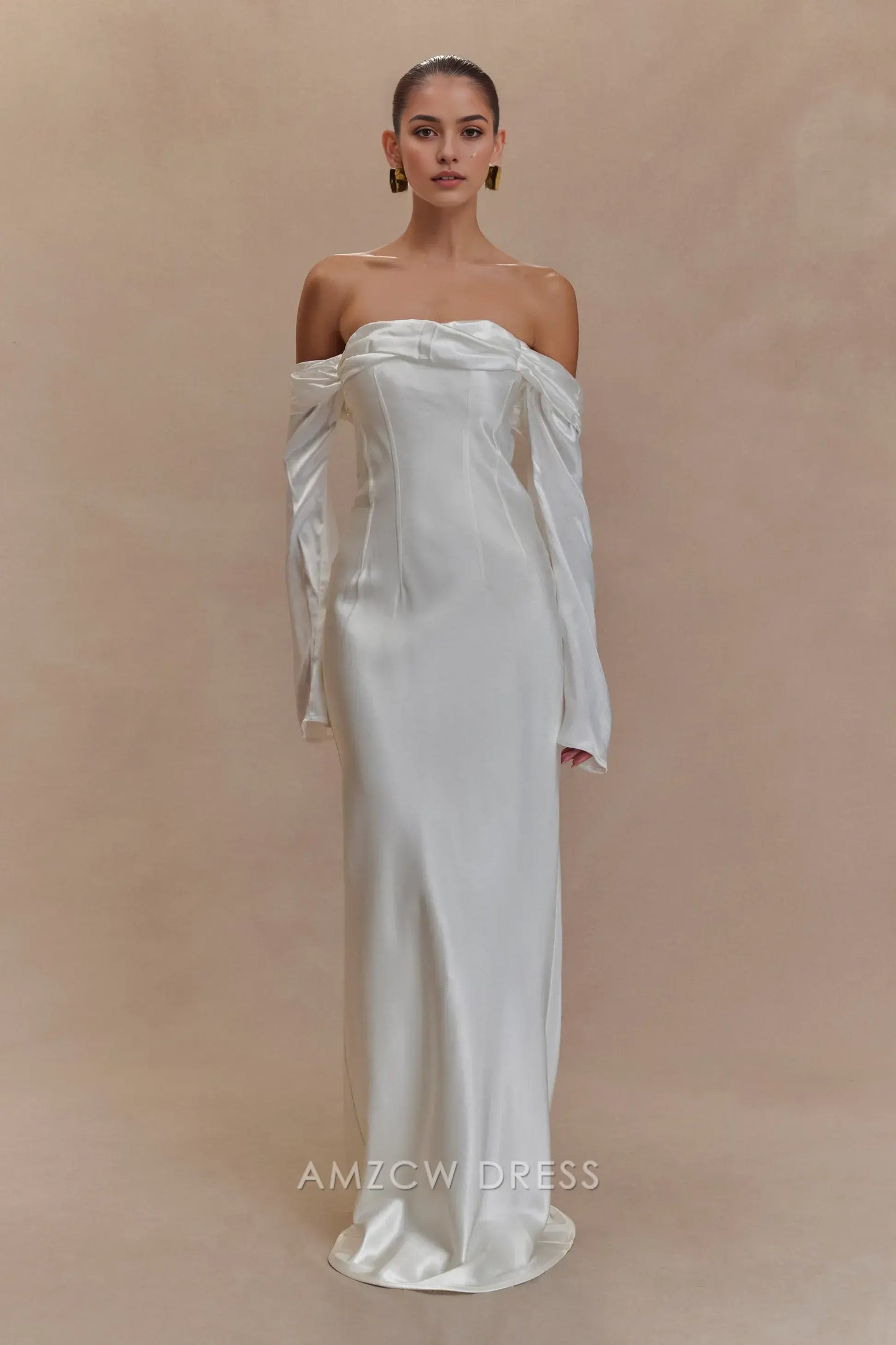 Amzcw Elegant Off - Shoulder Satin Gown with Bell Sleeves: Prom & Event Gem Party wear