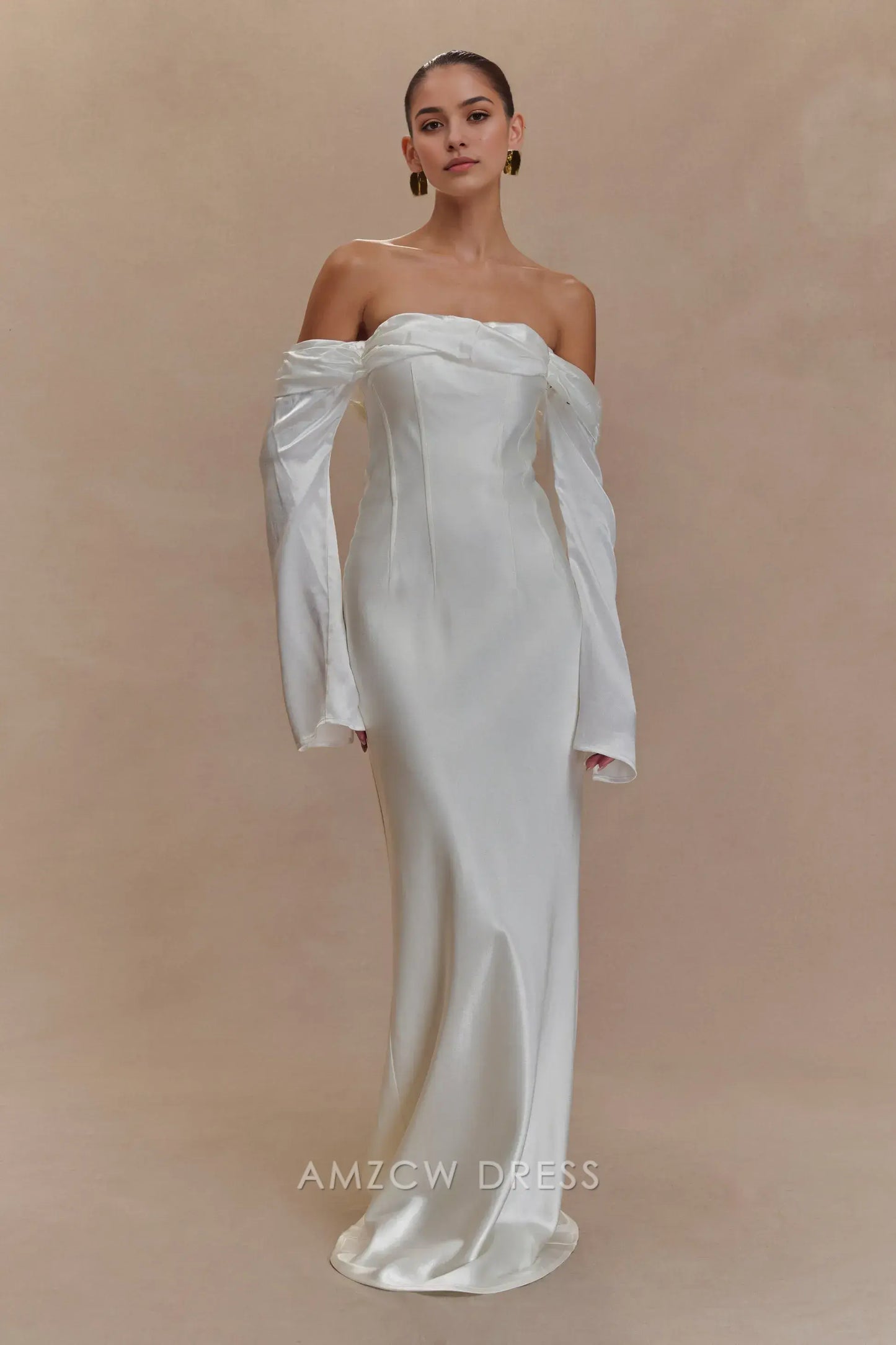 Amzcw Elegant Off - Shoulder Satin Gown with Bell Sleeves: Prom & Event Gem Party wear