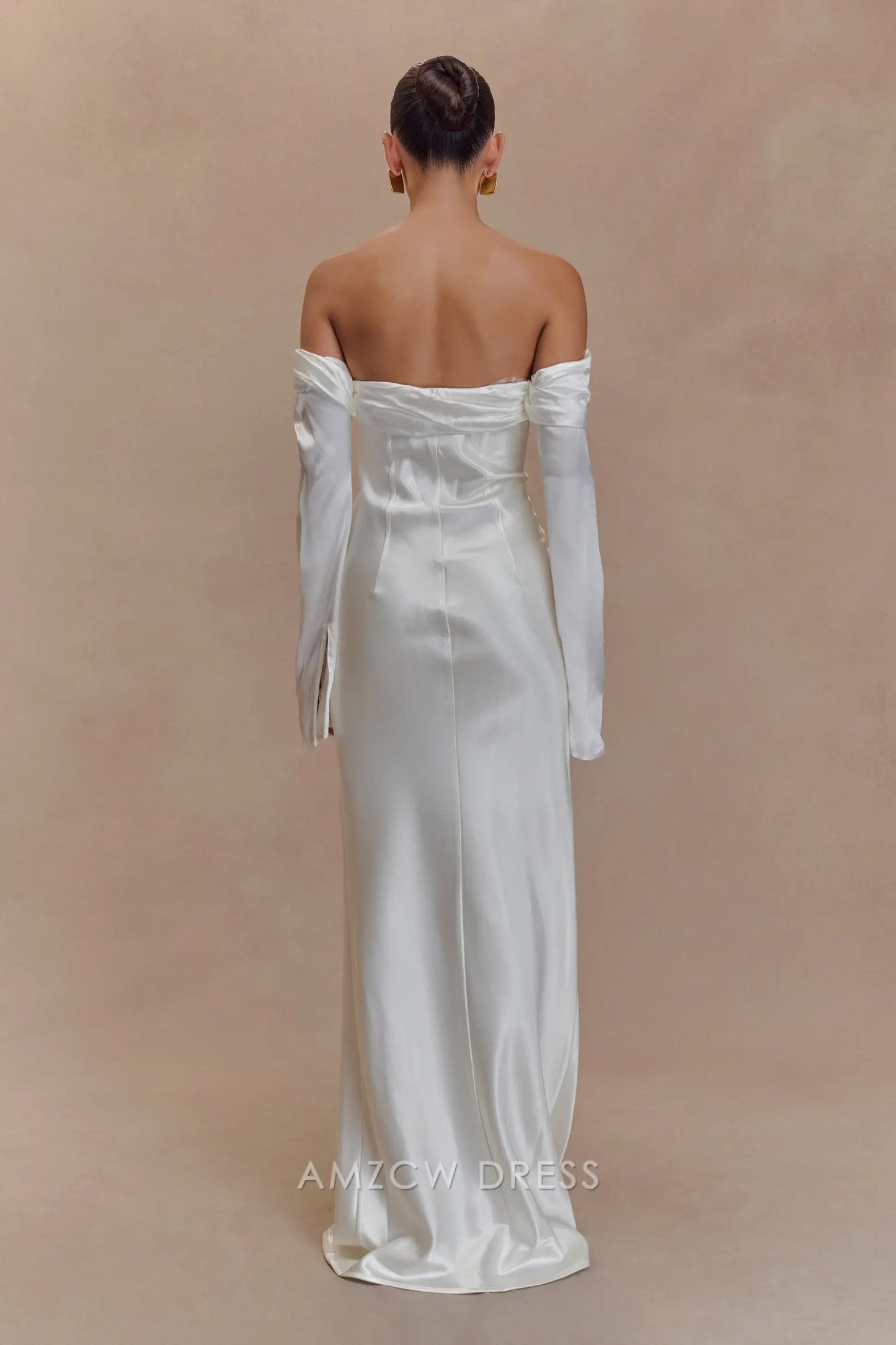 Amzcw Elegant Off - Shoulder Satin Gown with Bell Sleeves: Prom & Event Gem Party wear