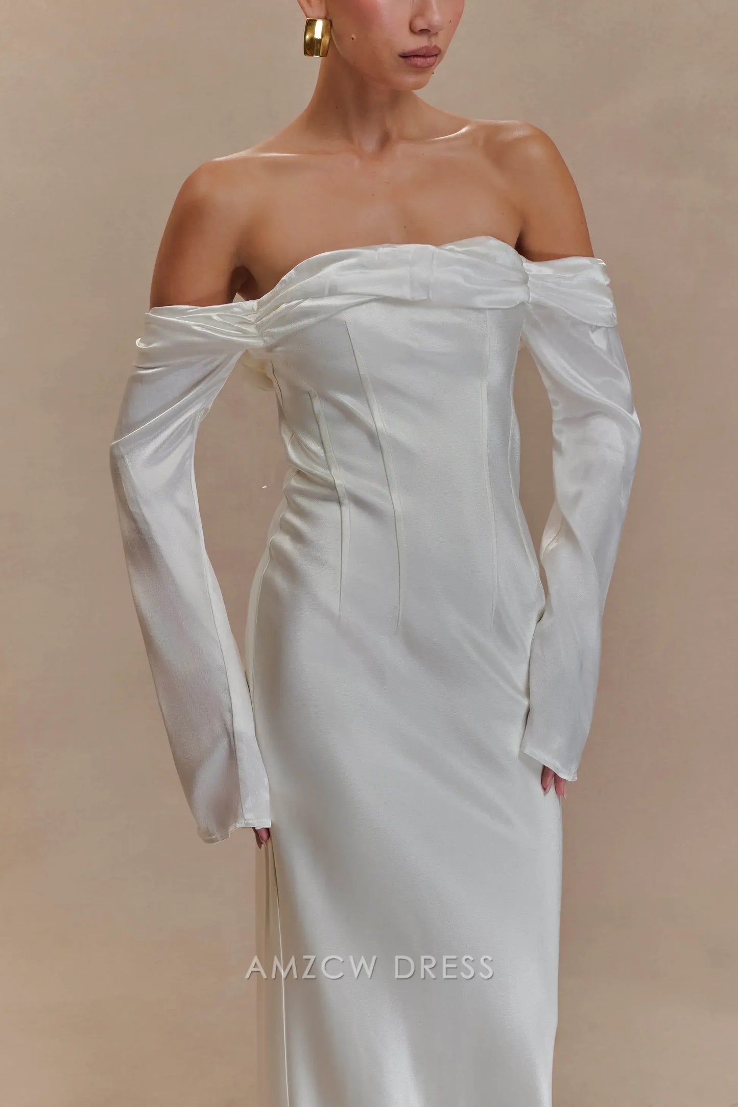 Amzcw Elegant Off - Shoulder Satin Gown with Bell Sleeves: Prom & Event Gem Party wear