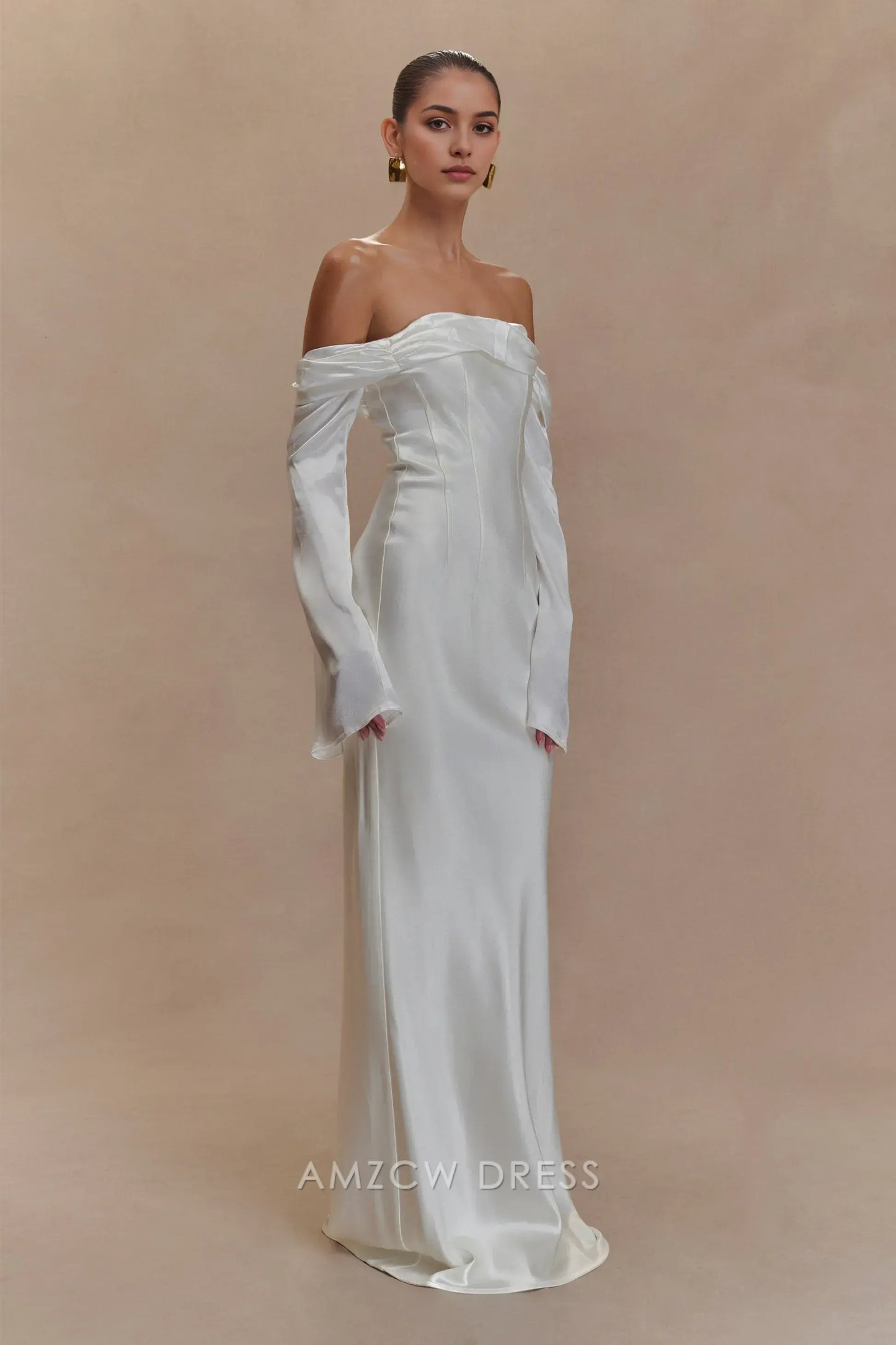 Amzcw Elegant Off - Shoulder Satin Gown with Bell Sleeves: Prom & Event Gem Party wear