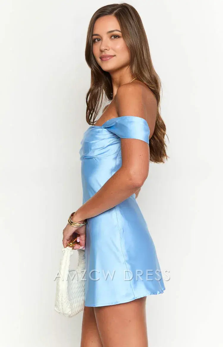 Amzcw Elegant Off - Shoulder Satin Mini Dress: A Stunning Pick for Cocktail Parties, Date Nights, and Summer Galas. Its Sleek Silhouette and Elegant Neckline Exude Timeless Glamour for Memorable Occasions.
