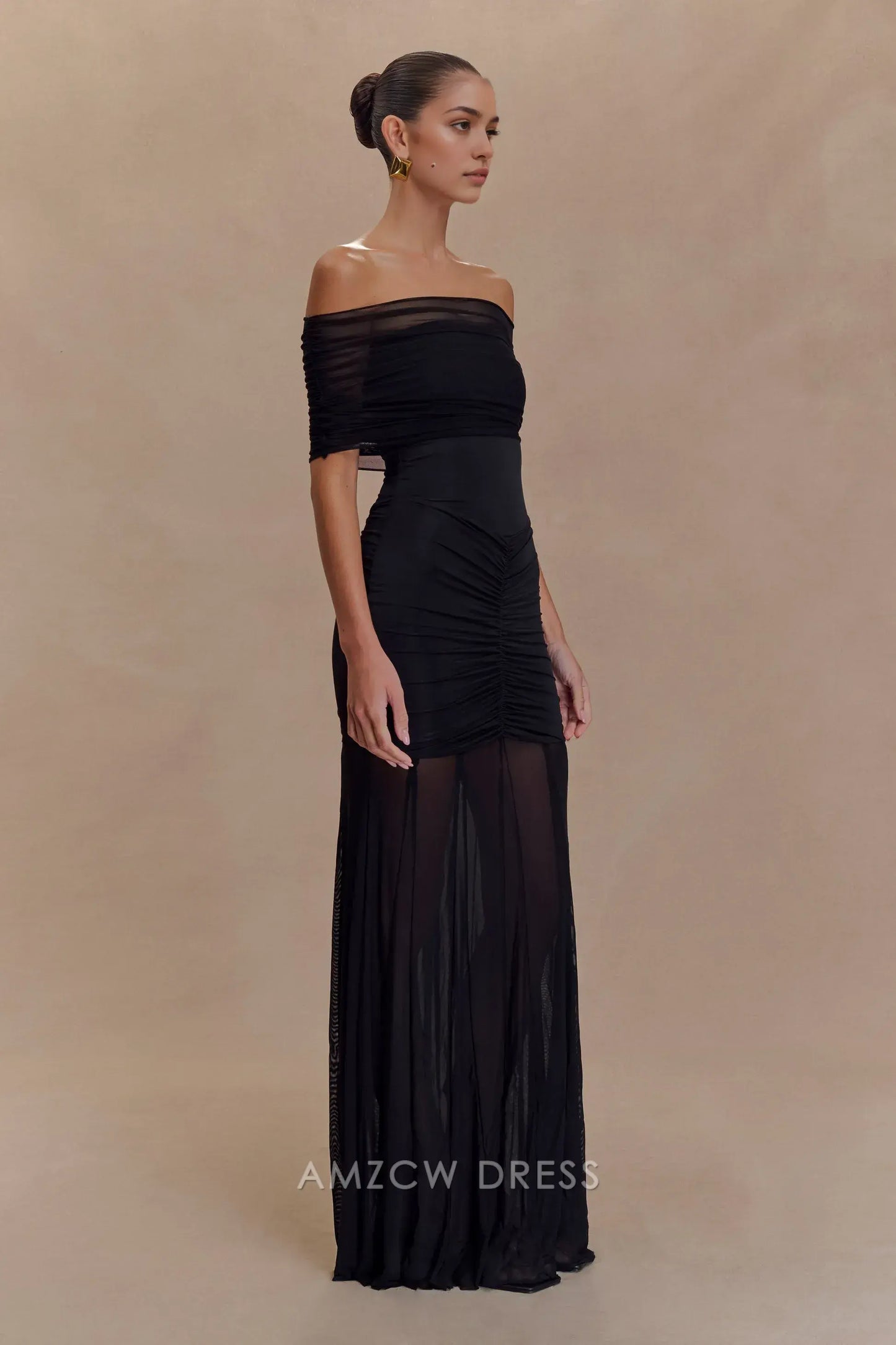 Amzcw Elegant Off - Shoulder Sheer Black Gown: Prom & Event Highlight Party wear