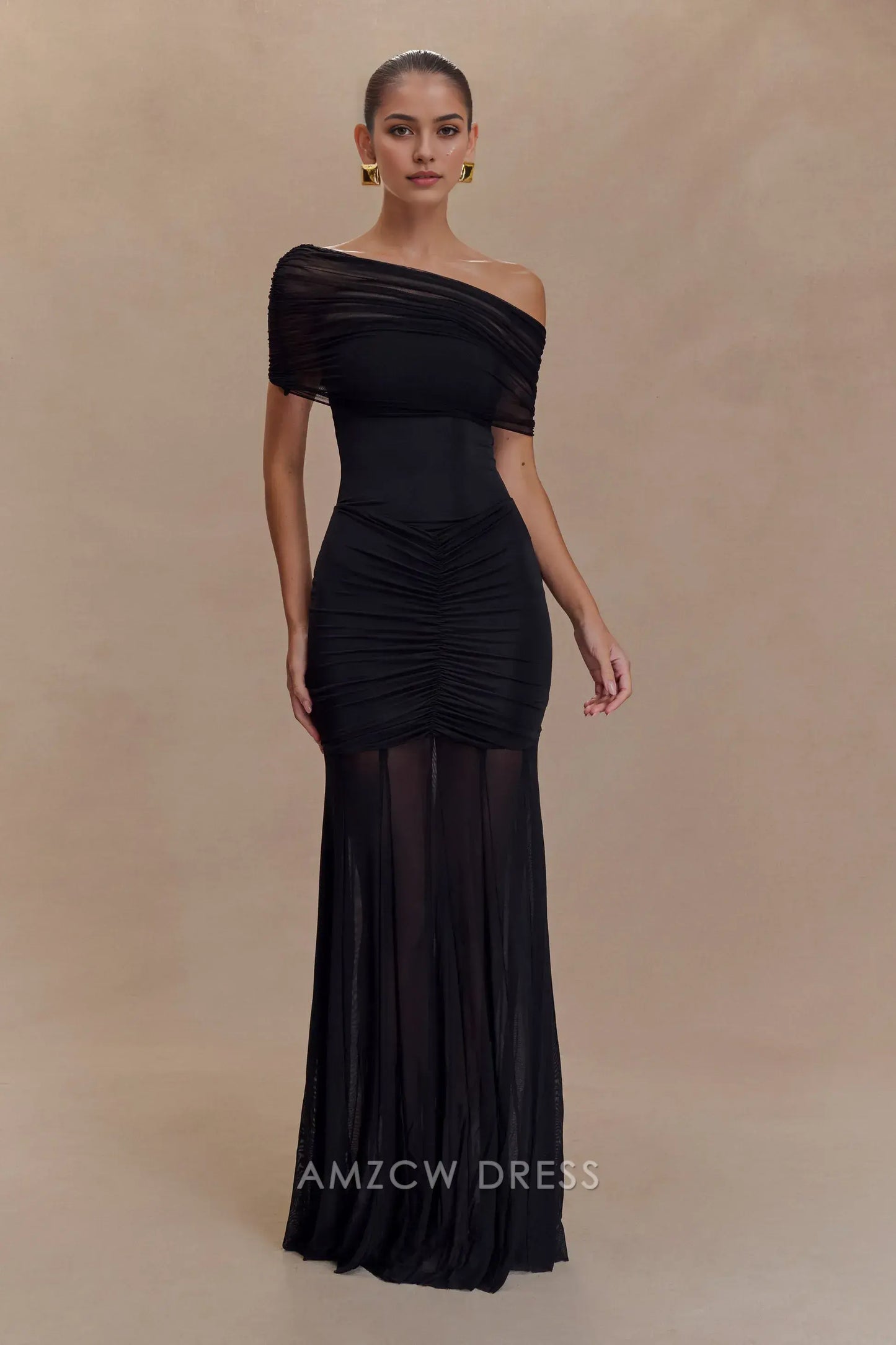 Amzcw Elegant Off - Shoulder Sheer Black Gown: Prom & Event Highlight Party wear