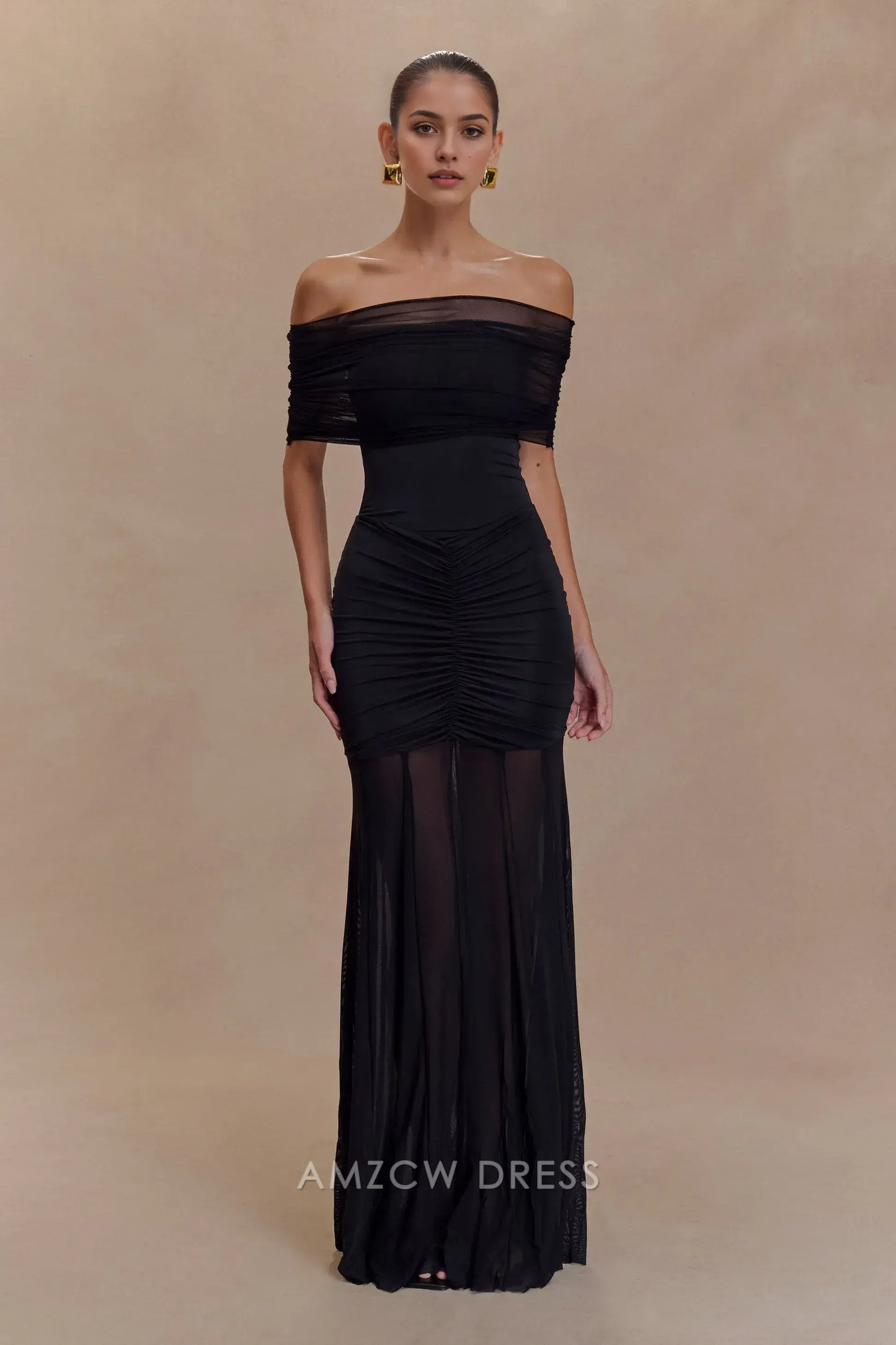 Amzcw Elegant Off - Shoulder Sheer Black Gown: Prom & Event Highlight Party wear