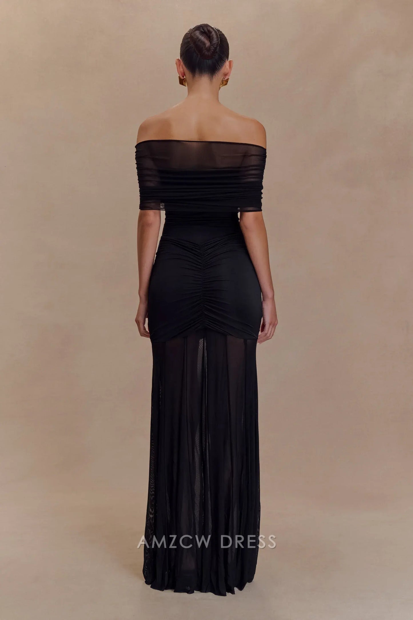 Amzcw Elegant Off - Shoulder Sheer Black Gown: Prom & Event Highlight Party wear