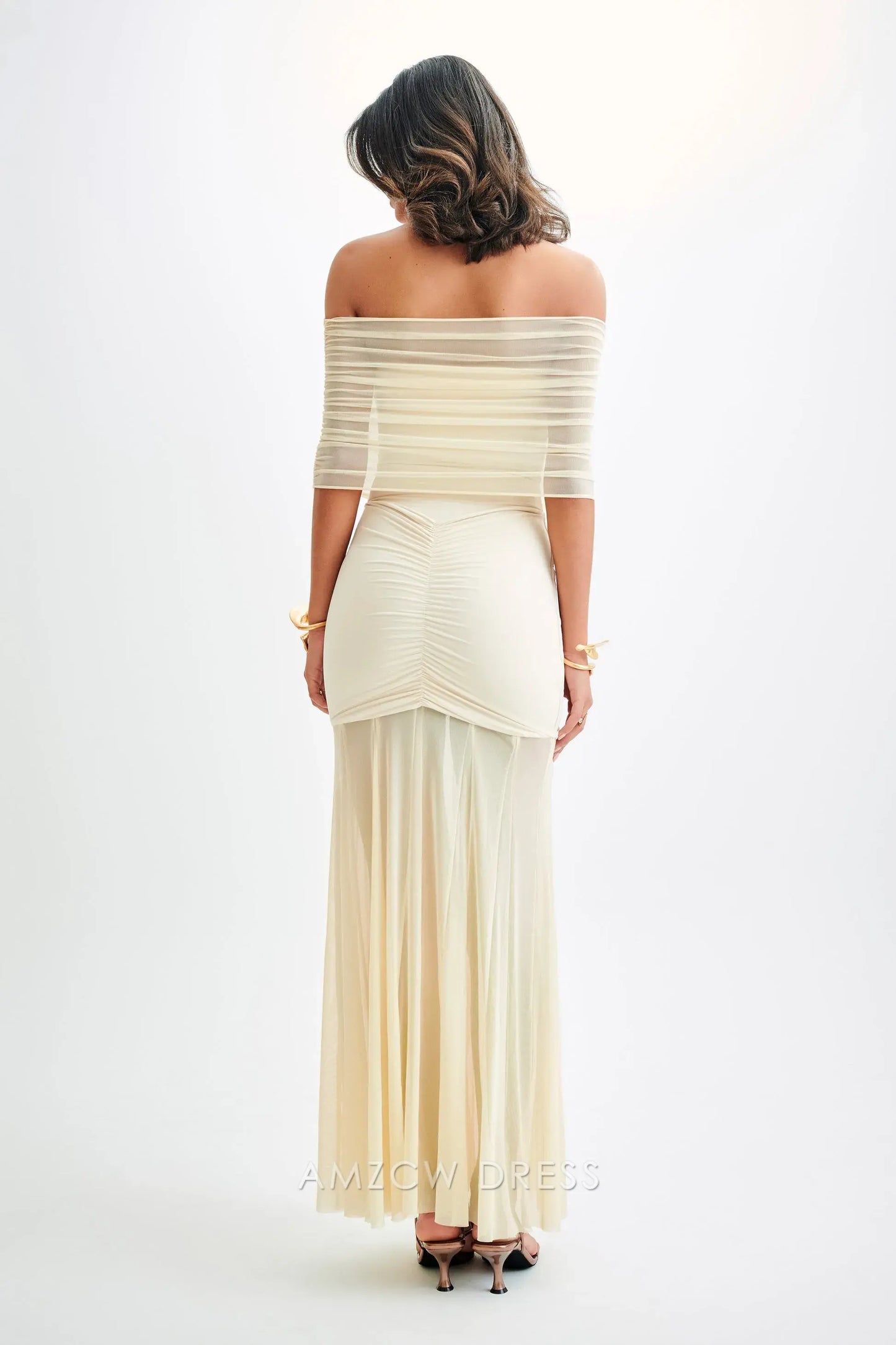 Amzcw Elegant Off - Shoulder Sheer Champagne Gown: Prom & Event Highlight Party wear