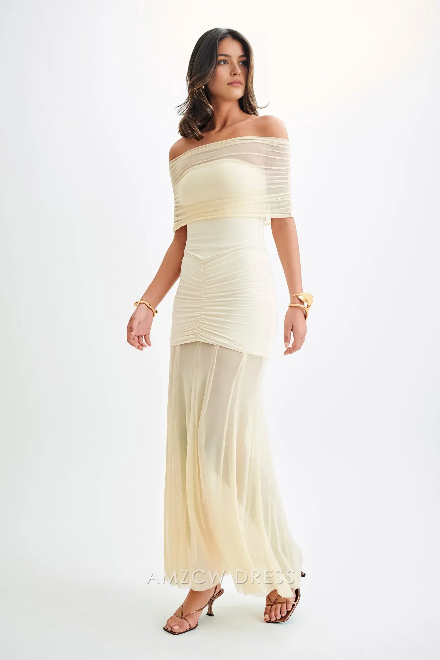 Amzcw Elegant Off - Shoulder Sheer Champagne Gown: Prom & Event Highlight Party wear