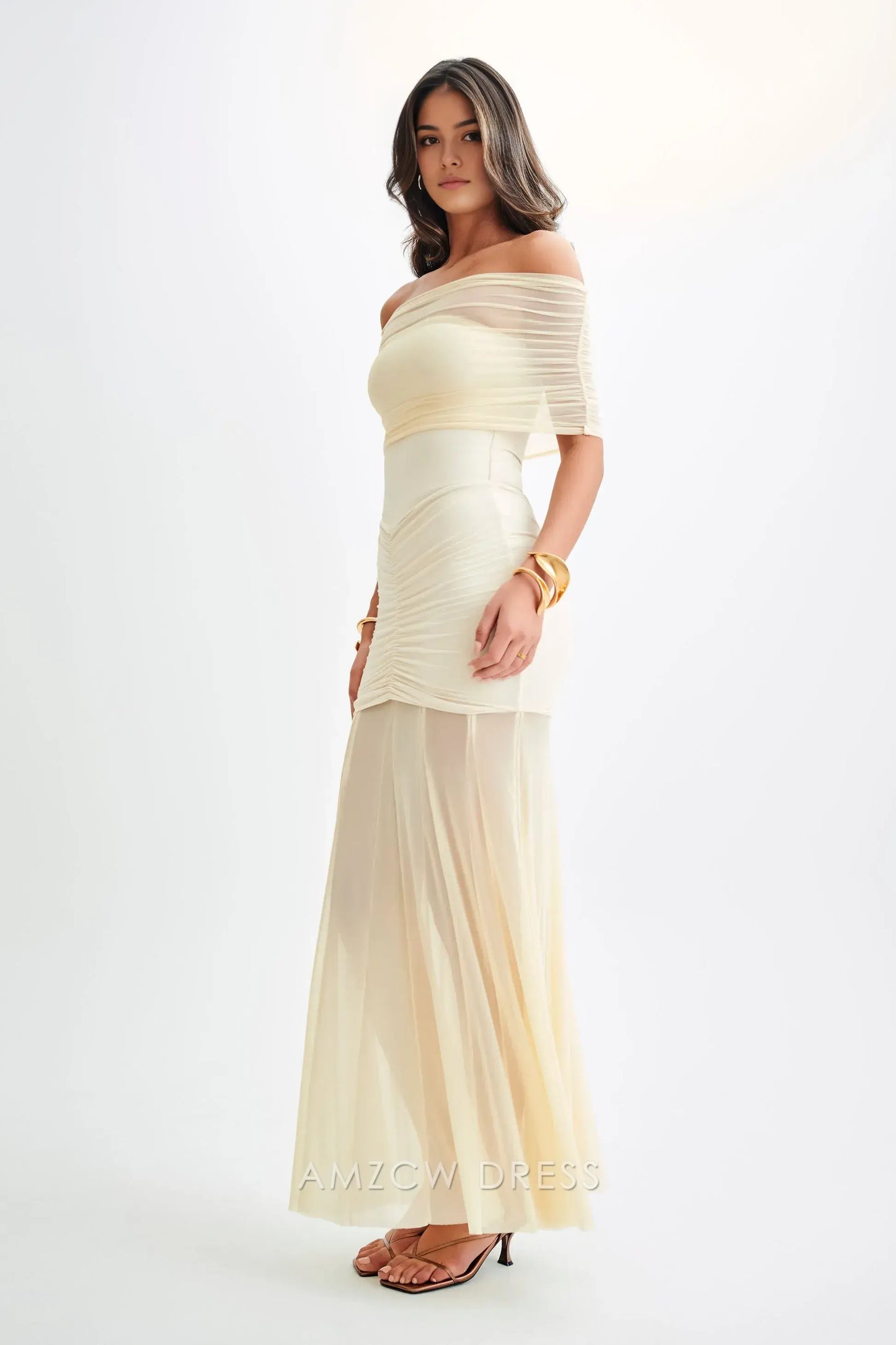 Amzcw Elegant Off - Shoulder Sheer Champagne Gown: Prom & Event Highlight Party wear