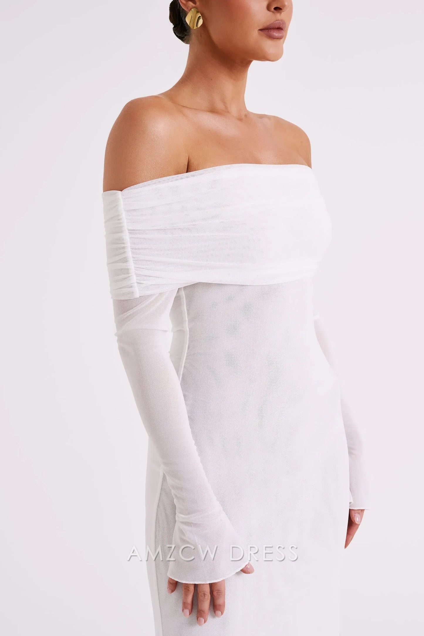 Amzcw Elegant Off - Shoulder Tulle - Sleeve Maxi Dress with Draped Neckline: A Dreamy Choice for Elegant Occasions