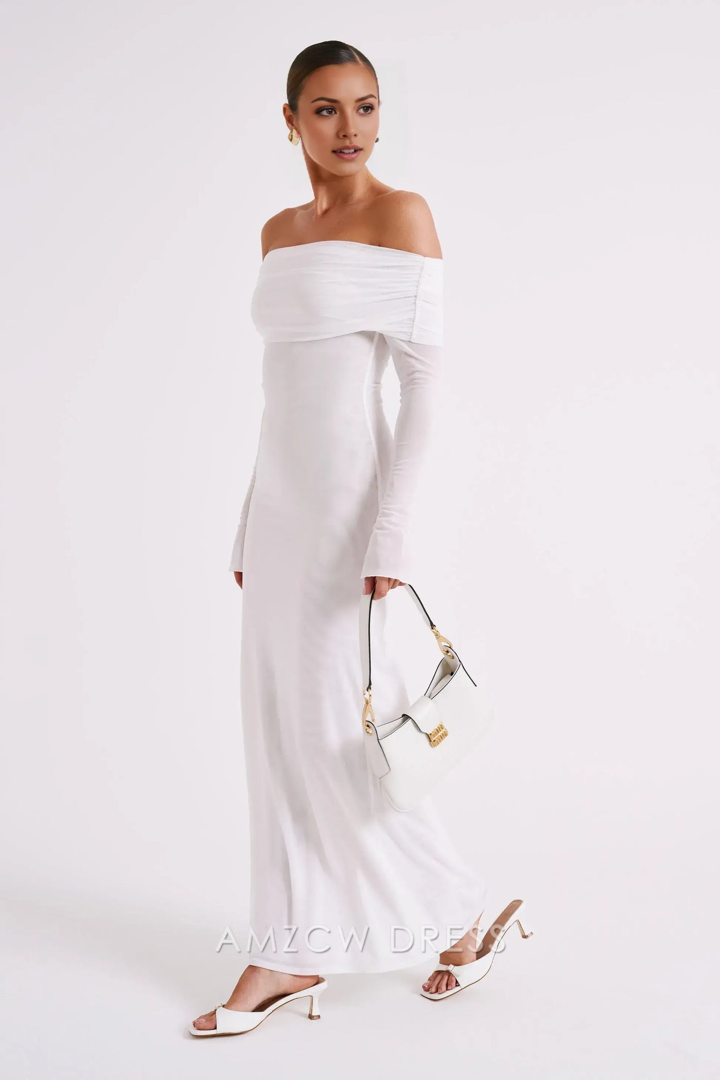 Amzcw Elegant Off - Shoulder Tulle - Sleeve Maxi Dress with Draped Neckline: A Dreamy Choice for Elegant Occasions