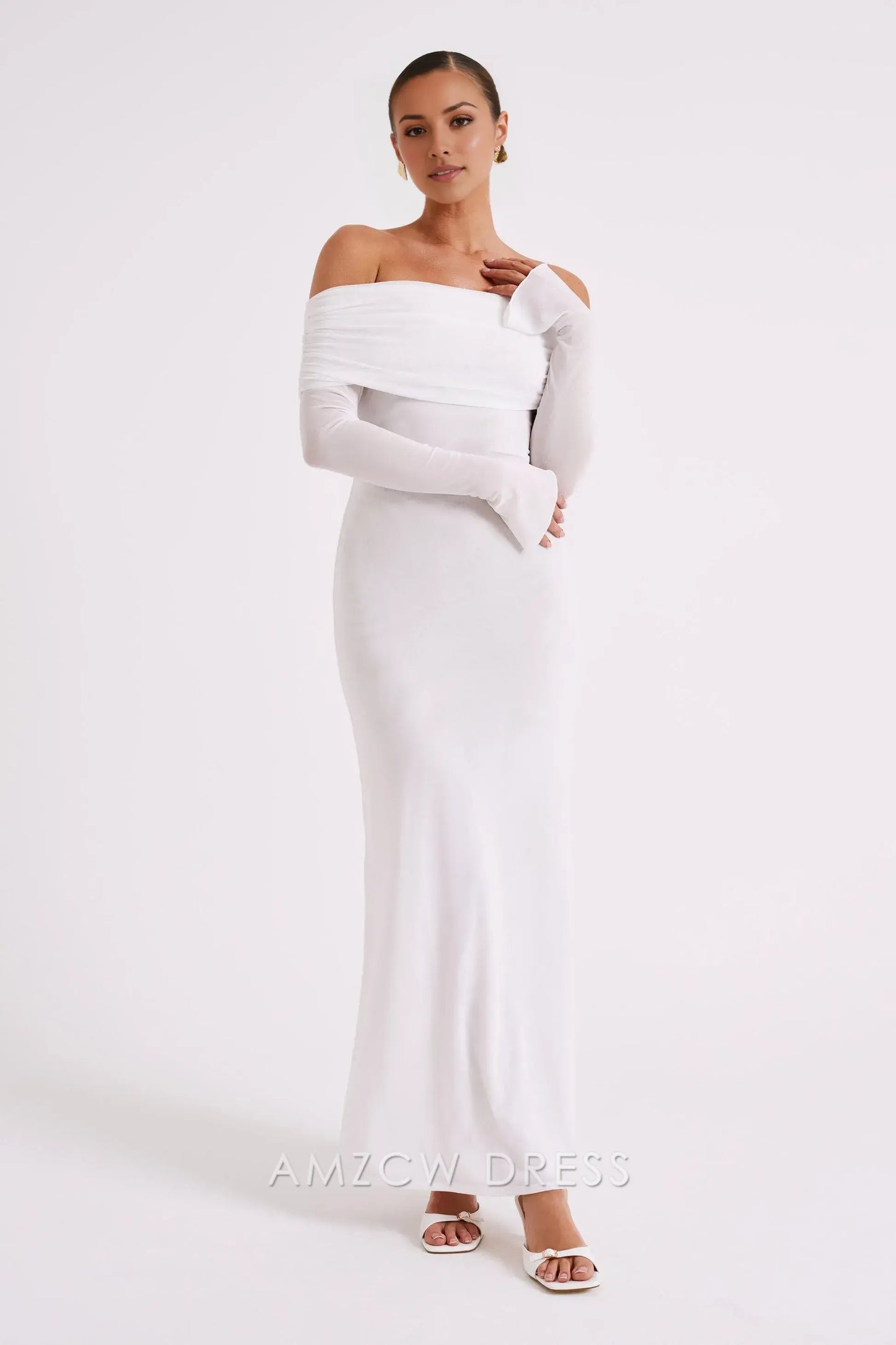 Amzcw Elegant Off - Shoulder Tulle - Sleeve Maxi Dress with Draped Neckline: A Dreamy Choice for Elegant Occasions