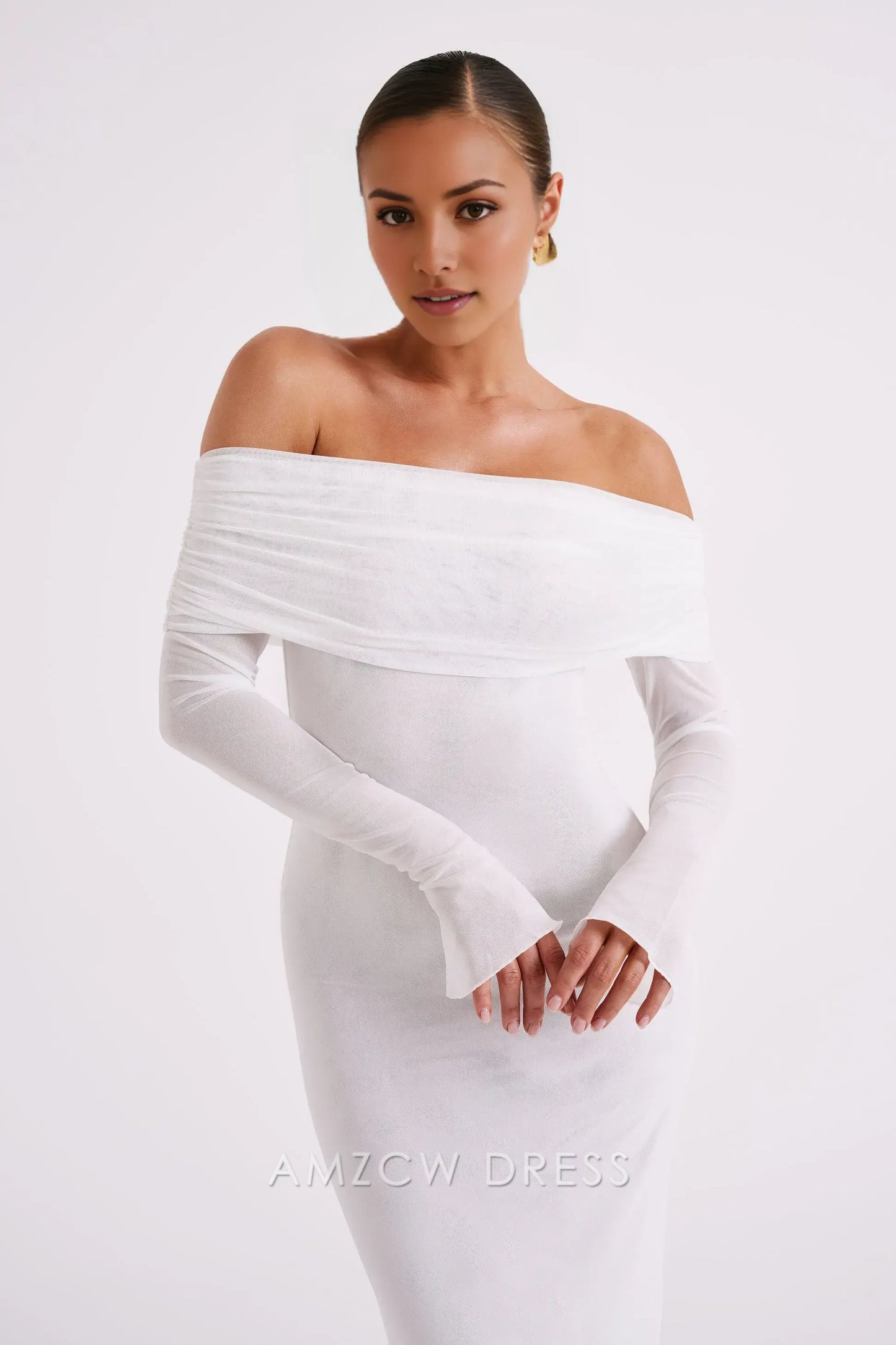 Amzcw Elegant Off - Shoulder Tulle - Sleeve Maxi Dress with Draped Neckline: A Dreamy Choice for Elegant Occasions