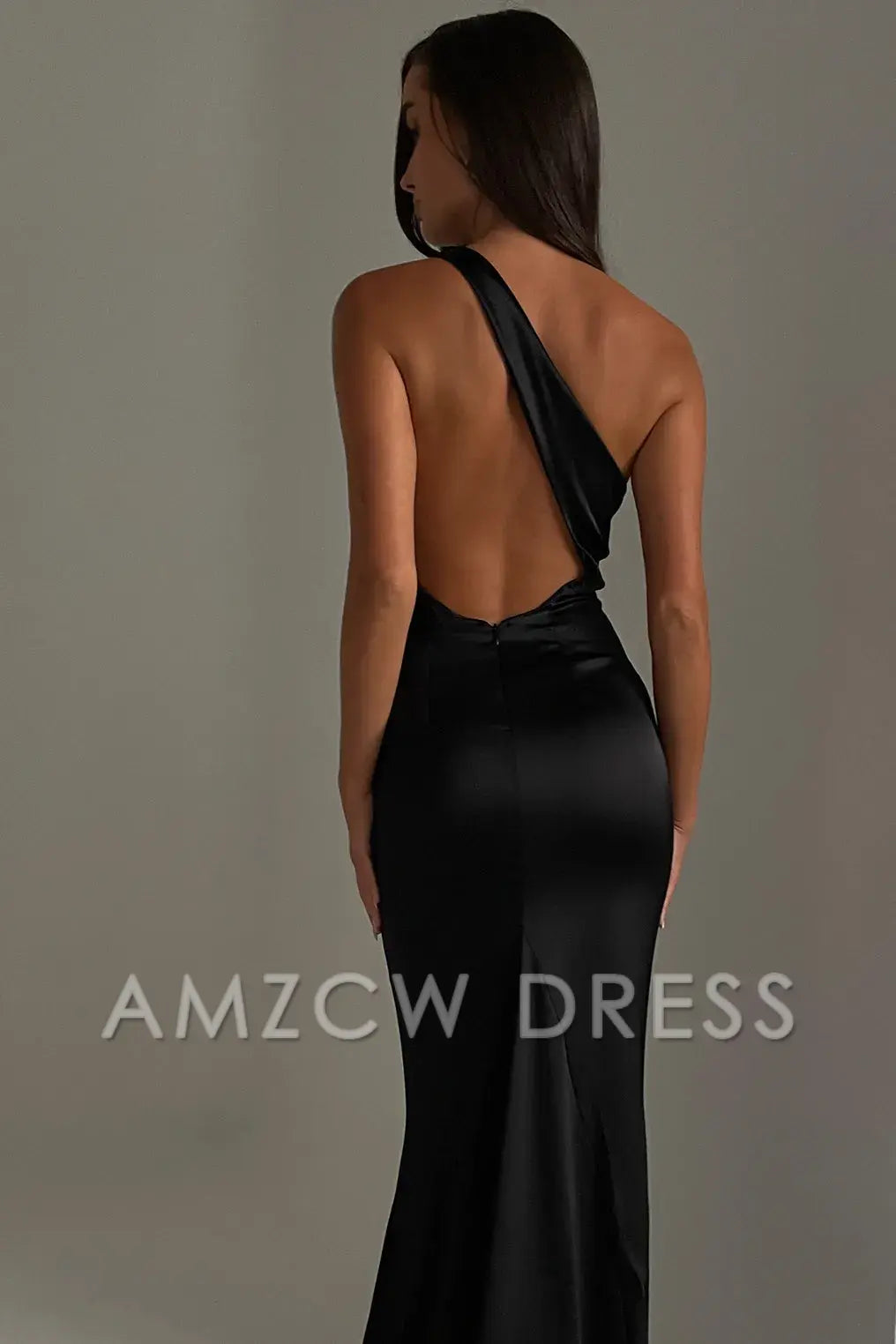 Amzcw Elegant One - Shoulder Backless Satin Gown | Prom & Evening Event Essential Party wear