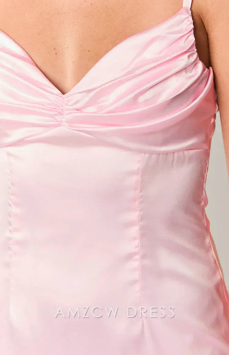 Amzcw Elegant Pink Satin Cami Mini Dress with Ruched Bust | Prom & Event Ready Party wear