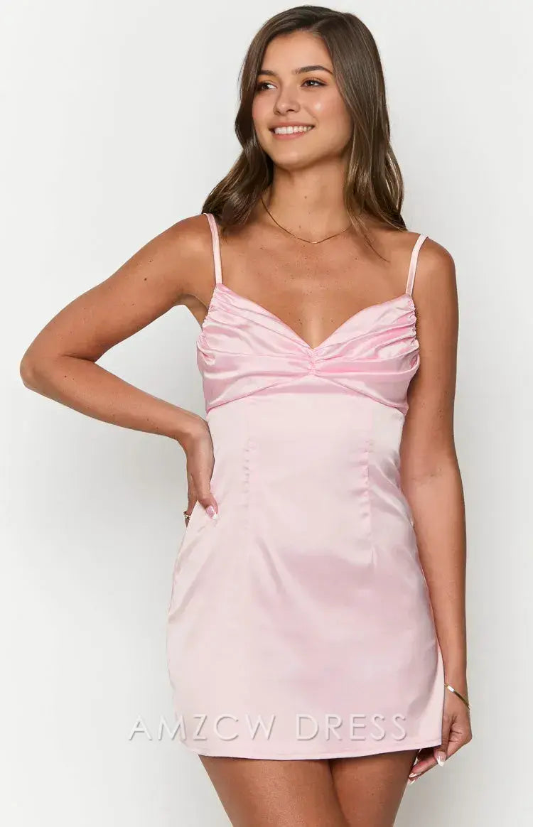 Amzcw Elegant Pink Satin Cami Mini Dress with Ruched Bust | Prom & Event Ready Party wear