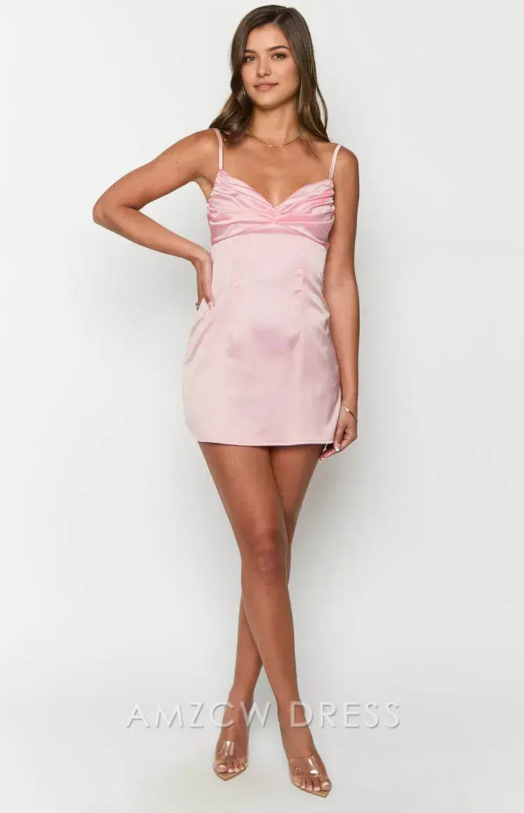 Amzcw Elegant Pink Satin Cami Mini Dress with Ruched Bust | Prom & Event Ready Party wear