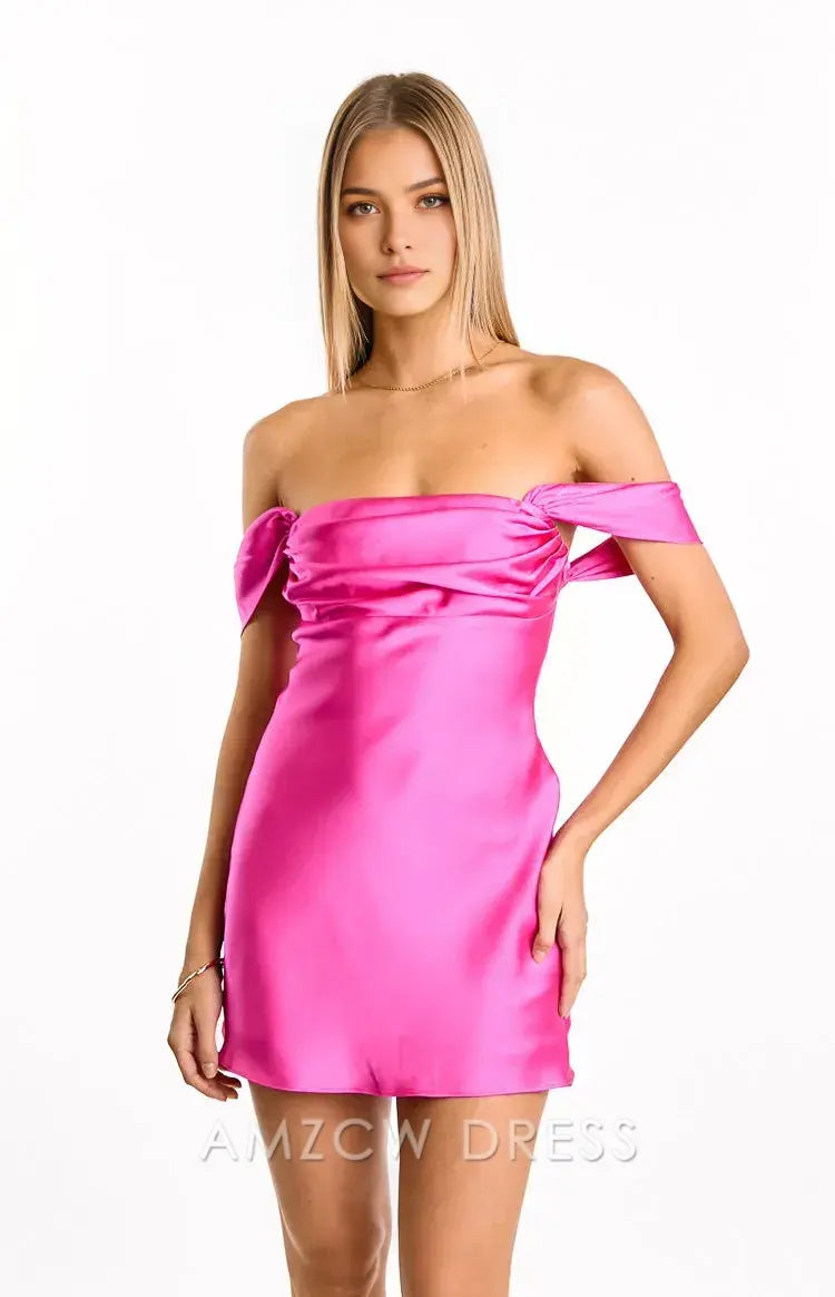 Amzcw Elegant Pink Satin Off - Shoulder Dress with Bow Sleeves | Prom & Party Star Party wear