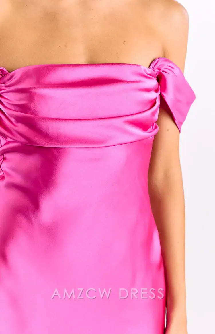 Amzcw Elegant Pink Satin Off - Shoulder Dress with Bow Sleeves | Prom & Party Star Party wear