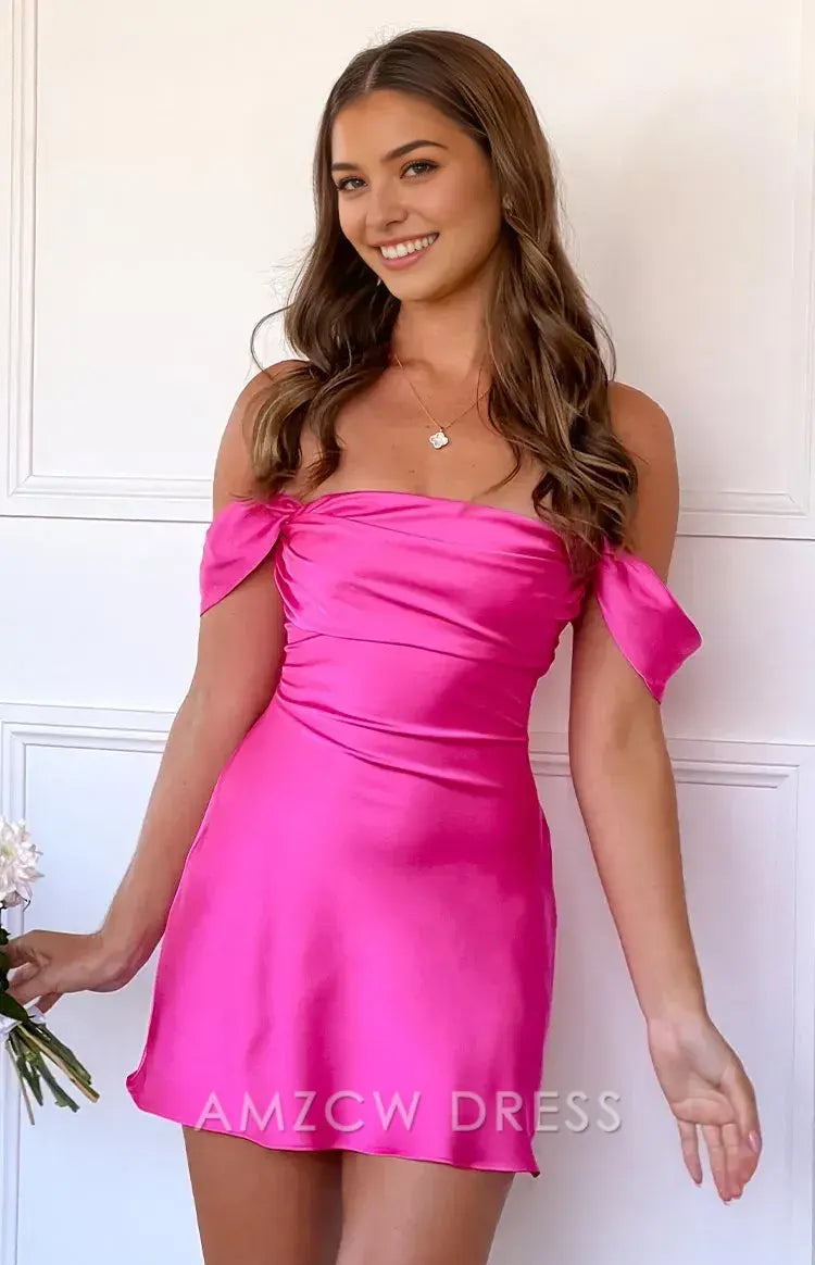 Amzcw Elegant Pink Satin Off - Shoulder Dress with Bow Sleeves | Prom & Party Star Party wear