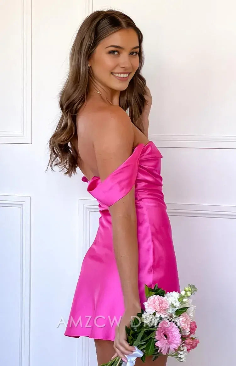 Amzcw Elegant Pink Satin Off - Shoulder Dress with Bow Sleeves | Prom & Party Star Party wear