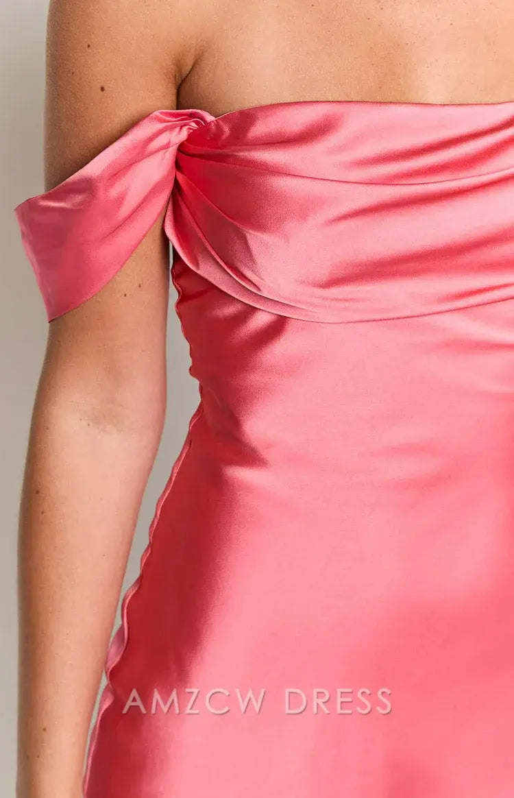Amzcw Elegant Pink Satin Off - Shoulder Mini Dress | Prom & Event Must - Have Party wear