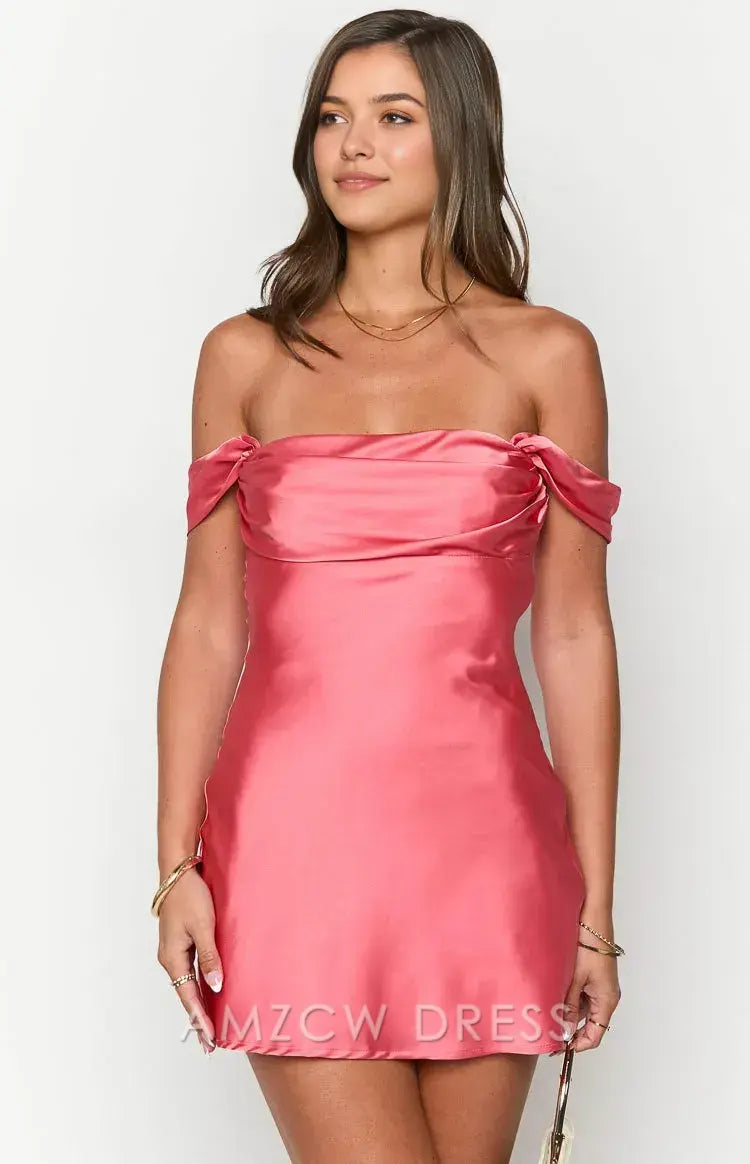 Amzcw Elegant Pink Satin Off - Shoulder Mini Dress | Prom & Event Must - Have Party wear