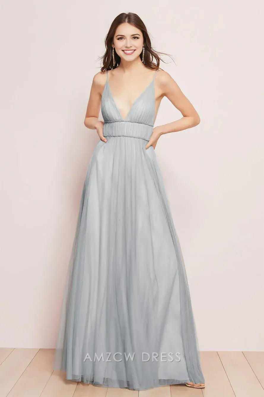 Amzcw Elegant Plunging V - Neck Tulle Gown: Ethereal Grace formal wear dresses