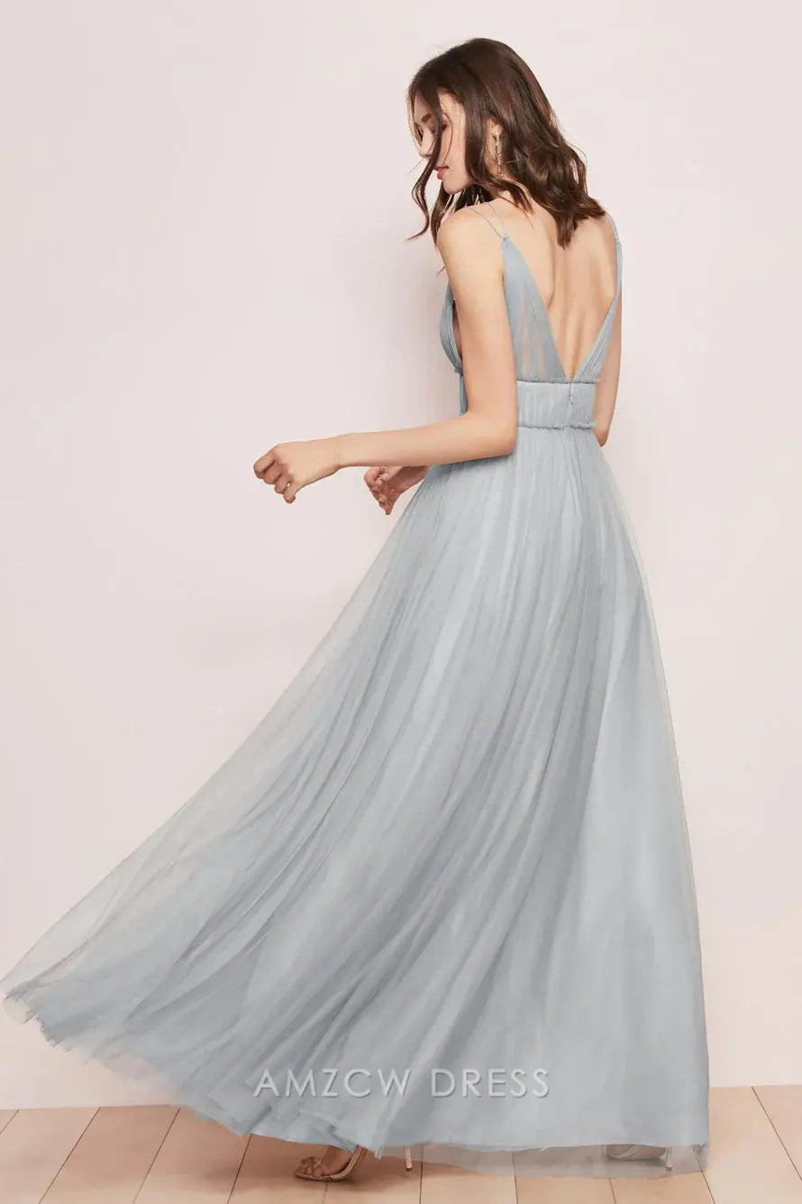 Amzcw Elegant Plunging V - Neck Tulle Gown: Ethereal Grace formal wear dresses