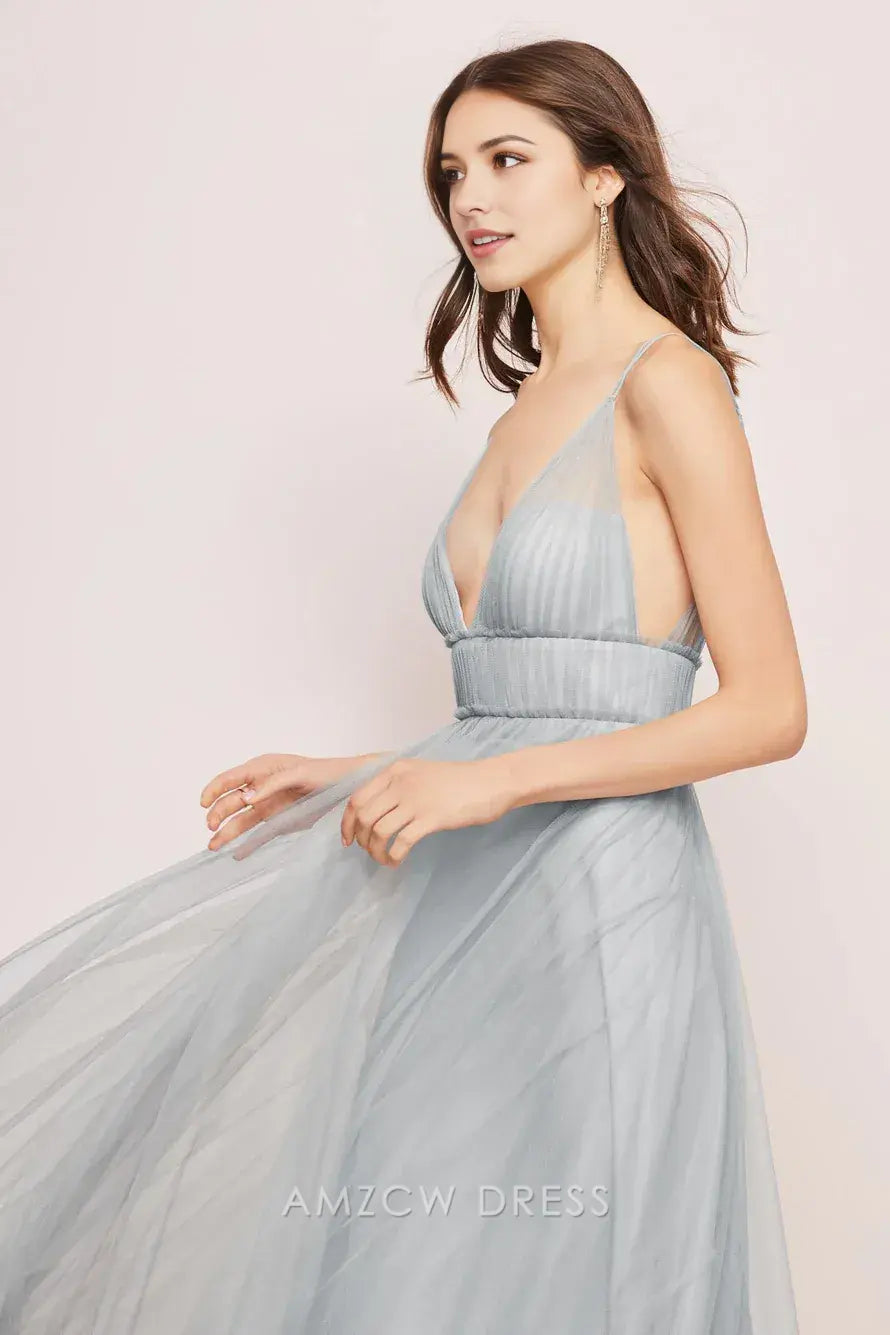 Amzcw Elegant Plunging V - Neck Tulle Gown: Ethereal Grace formal wear dresses