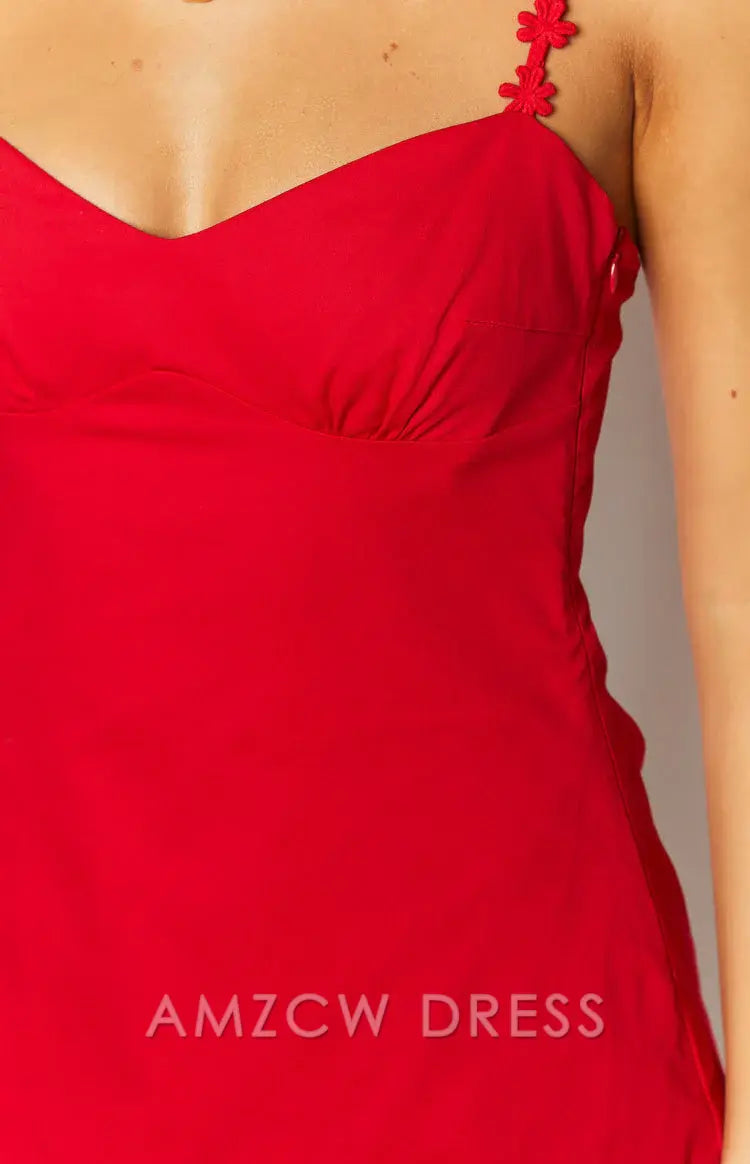 Amzcw Elegant Red Mini Dress with Embellished Straps & Sweetheart Neckline Party wear