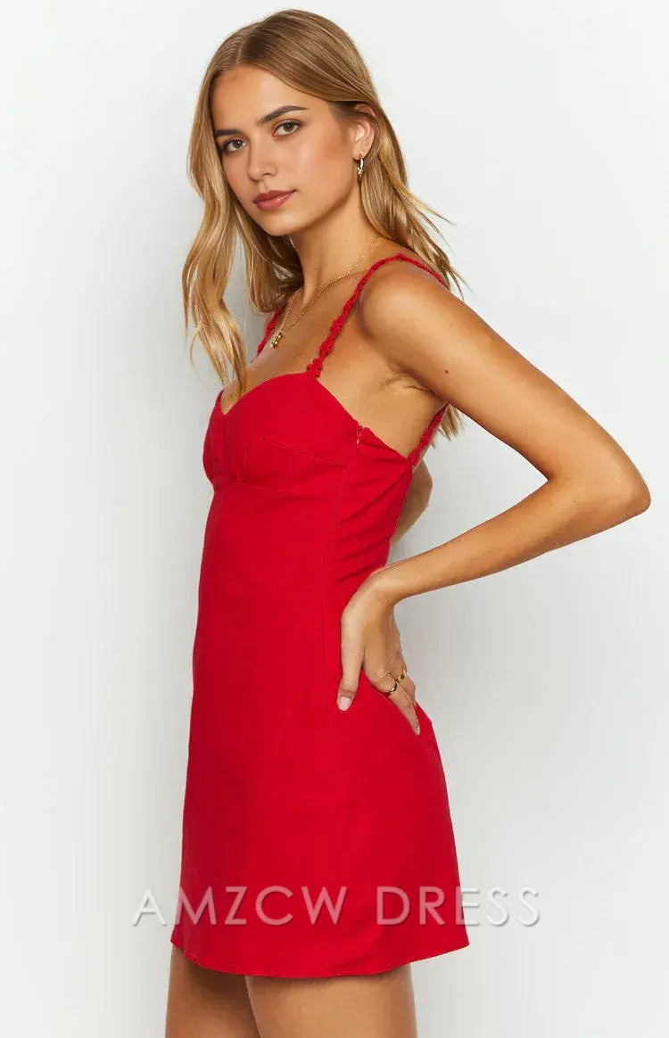 Amzcw Elegant Red Mini Dress with Embellished Straps & Sweetheart Neckline Party wear