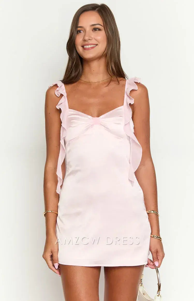 Amzcw Elegant Ruffled Bow - Accent Mini Dress: A Charming Choice for Romantic Dinners, Bridal Showers, and Summer Soirées. Its Delicate Details Bring Sweet Elegance to Any Special Occasion.