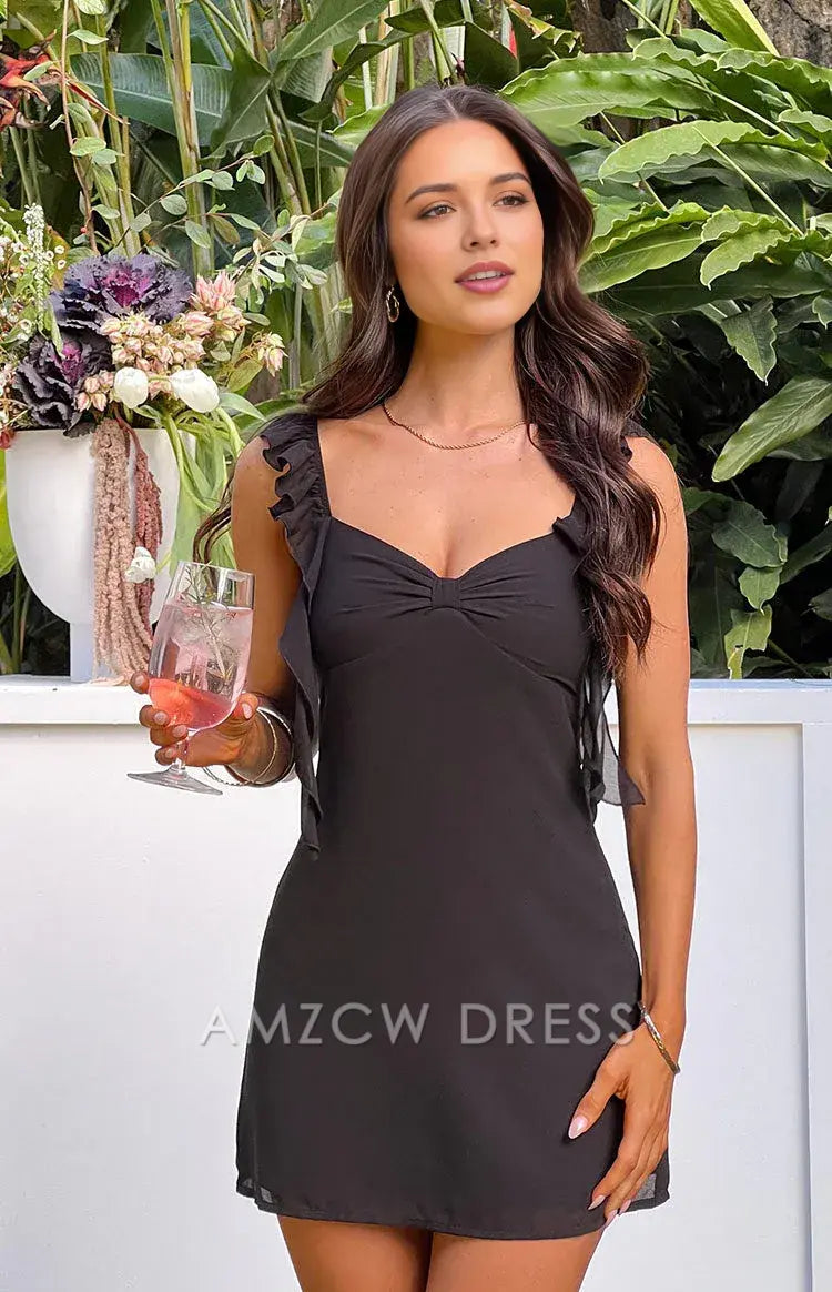 Amzcw Elegant Ruffled Strap Mini Dress: Ideal for Nights Out, Birthday Celebrations, and Club Gatherings. Its Sweet Ruffles and Flattering Cut Bring Playful Charm to Evening Occasions.