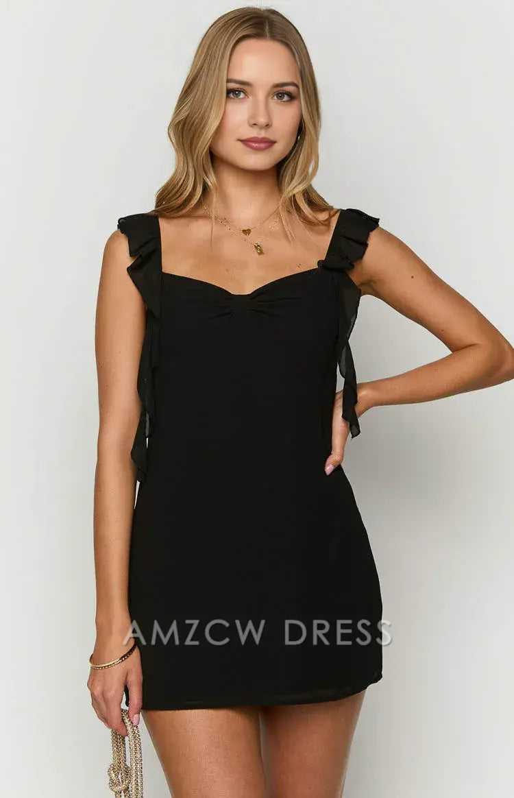 Amzcw Elegant Ruffled Strap Mini Dress: Ideal for Nights Out, Birthday Celebrations, and Club Gatherings. Its Sweet Ruffles and Flattering Cut Bring Playful Charm to Evening Occasions.