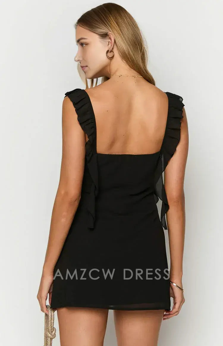 Amzcw Elegant Ruffled Strap Mini Dress: Ideal for Nights Out, Birthday Celebrations, and Club Gatherings. Its Sweet Ruffles and Flattering Cut Bring Playful Charm to Evening Occasions.