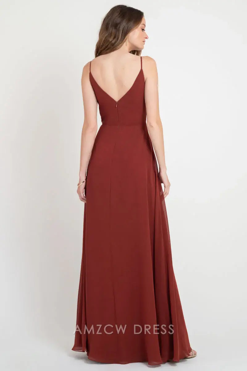 Vestido elegante de gasa color óxido con cuello vuelto de Amzcw - Vestido largo ajustado con tirantes finos - Vestidos formales