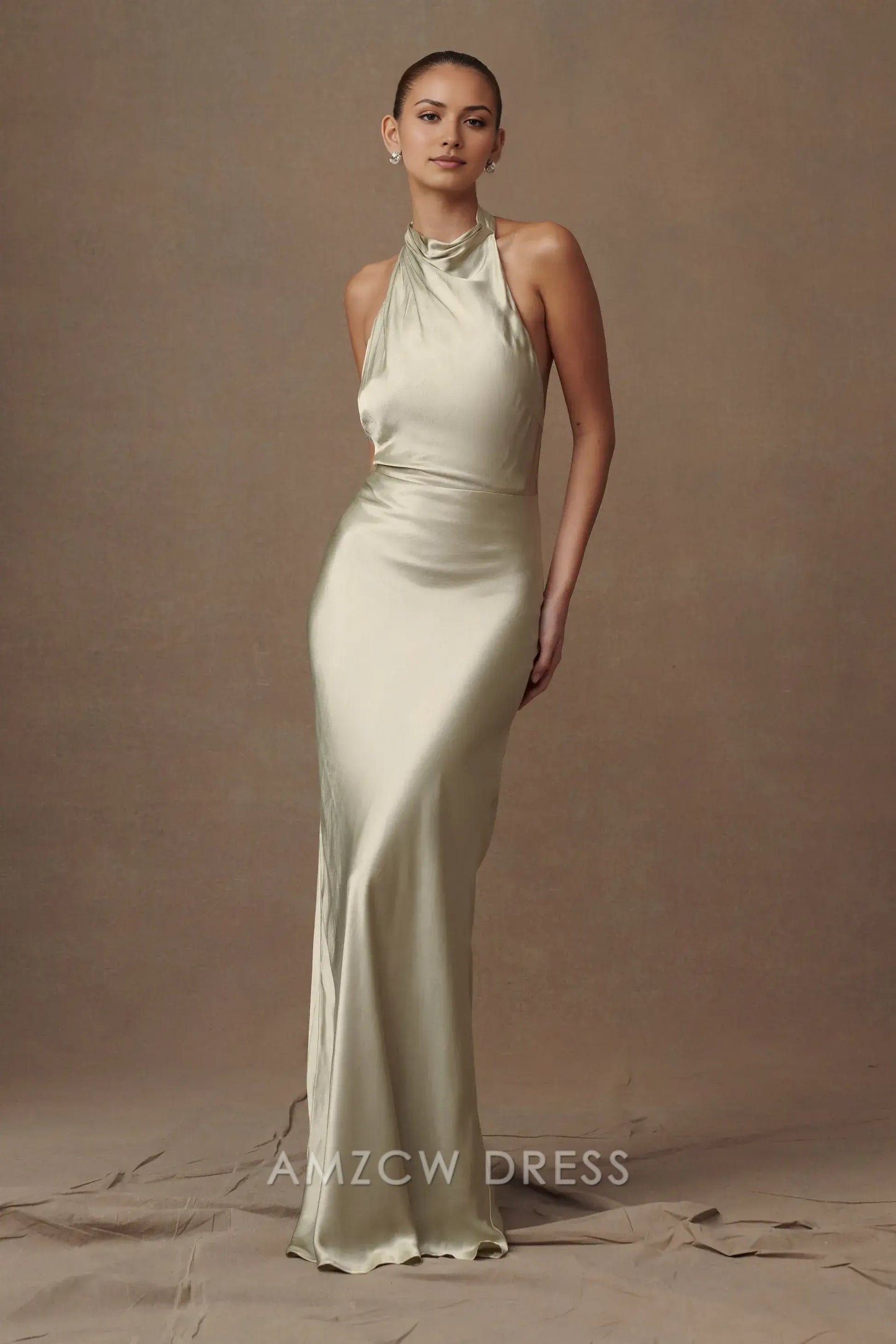 Amzcw Elegant Satin Halter - Neck Maxi Dress with Open Back: A Graceful Option for Formal Occasions
