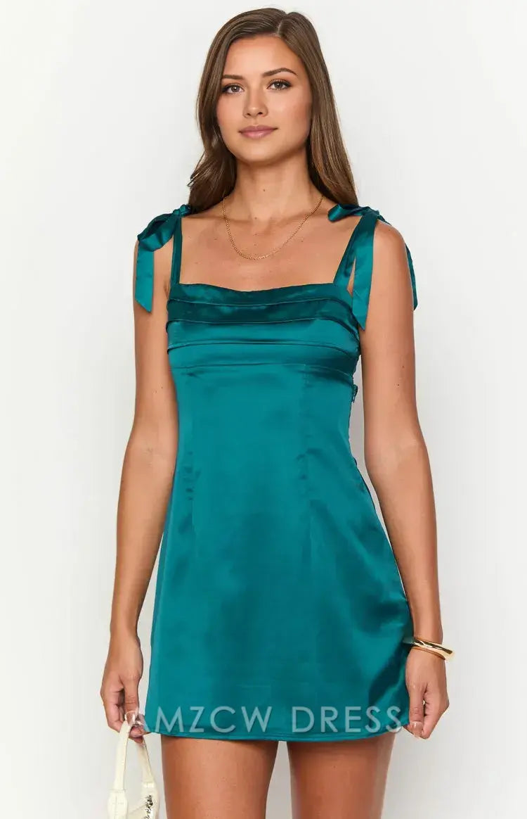 Amzcw Elegant Satin Mini Dress with Bow Straps and Cut - Out Back: A Chic Option for Evening Events