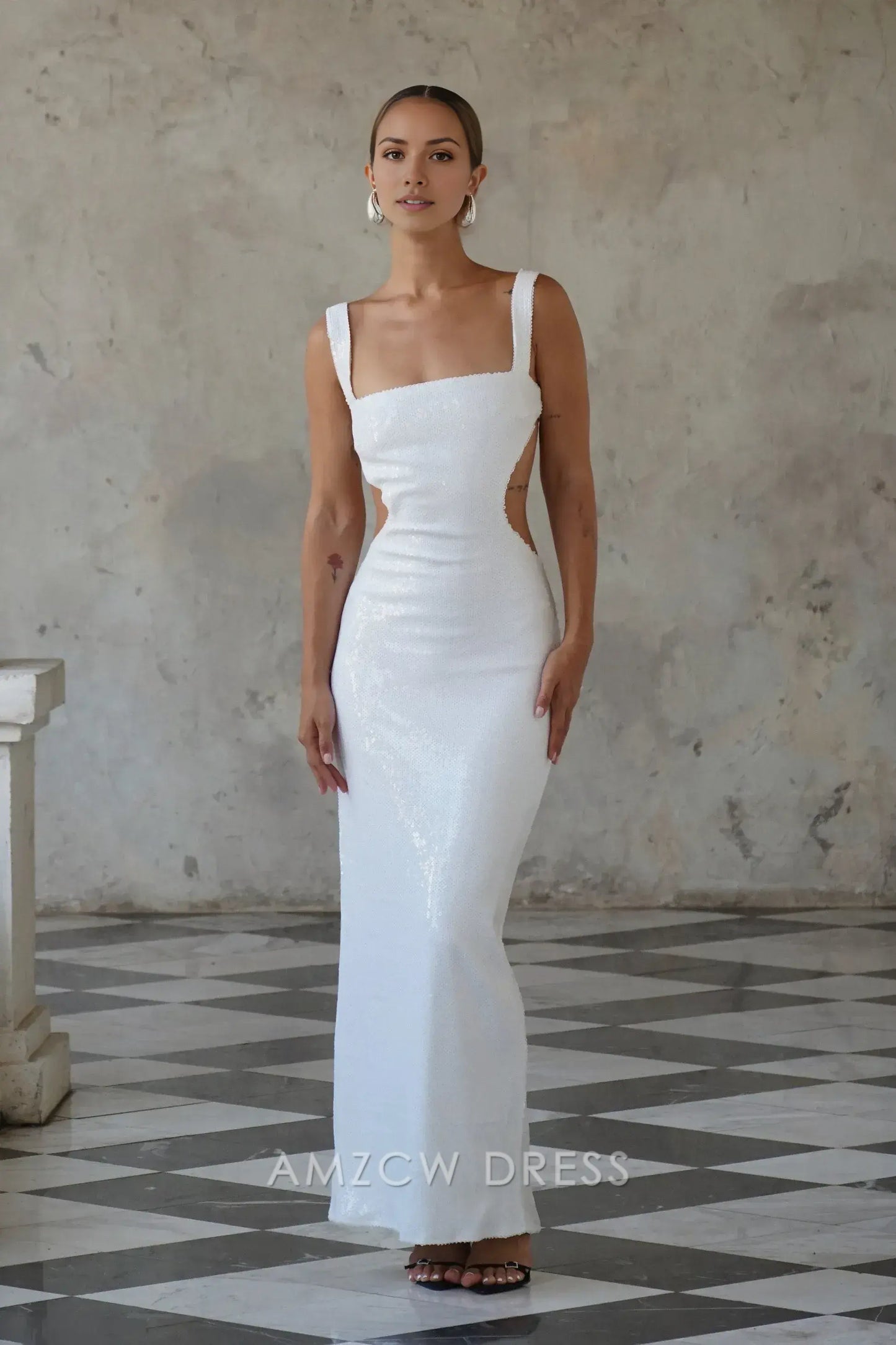 Amzcw Elegant Sequin - Embellished Maxi Dress with Cutout Details and Square Neckline: A Bold Choice for Glamorous Events