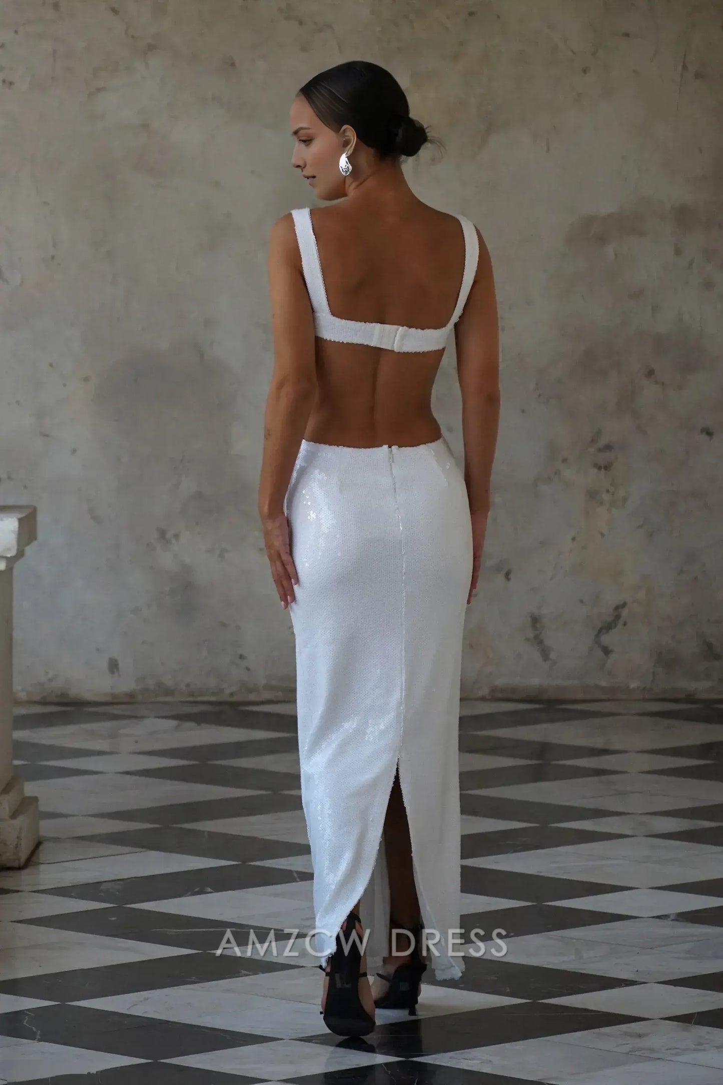 Amzcw Elegant Sequin - Embellished Maxi Dress with Cutout Details and Square Neckline: A Bold Choice for Glamorous Events