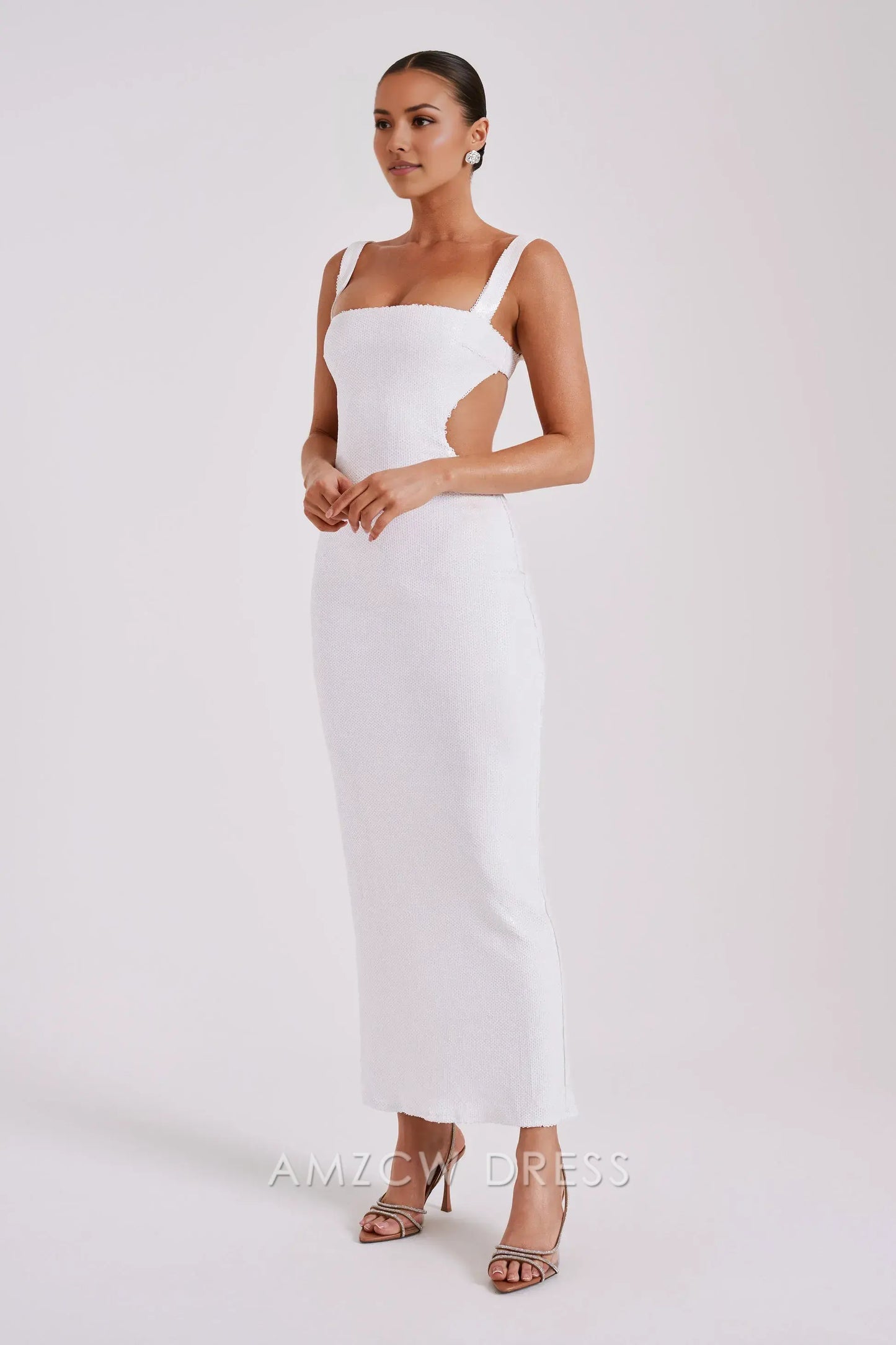 Amzcw Elegant Sequin - Embellished Maxi Dress with Cutout Details and Square Neckline: A Bold Choice for Glamorous Events