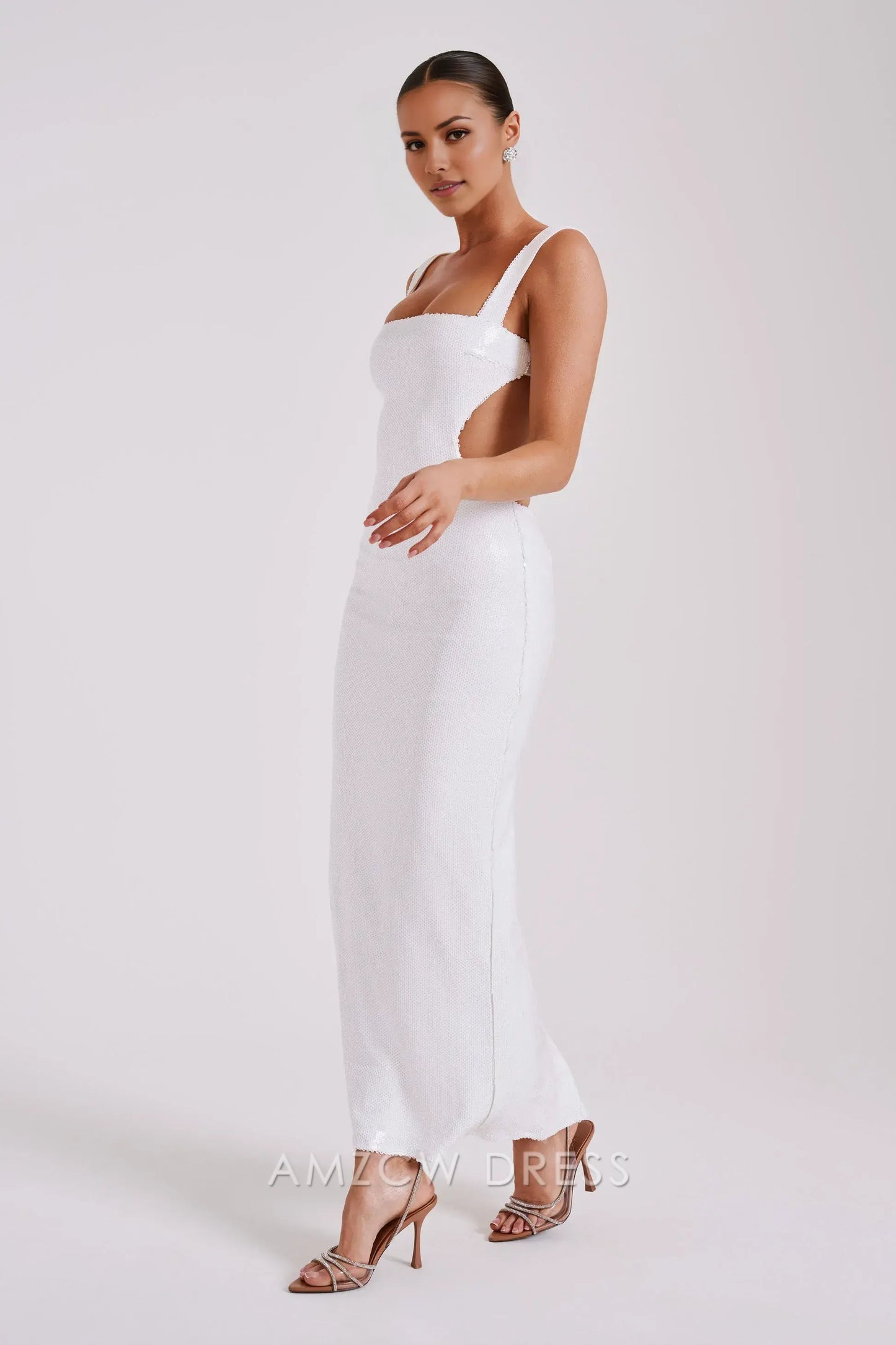 Amzcw Elegant Sequin - Embellished Maxi Dress with Cutout Details and Square Neckline: A Bold Choice for Glamorous Events