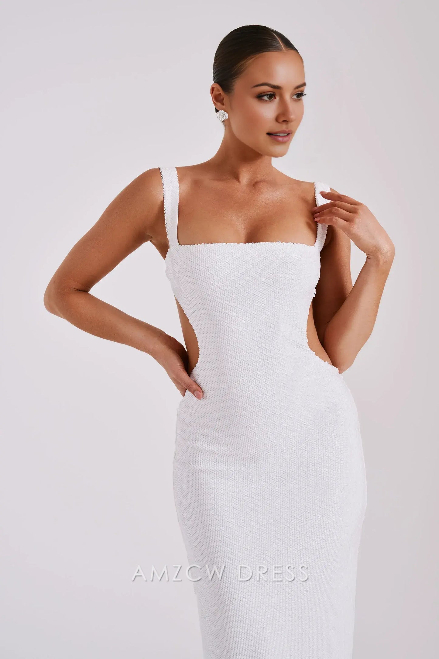 Amzcw Elegant Sequin - Embellished Maxi Dress with Cutout Details and Square Neckline: A Bold Choice for Glamorous Events