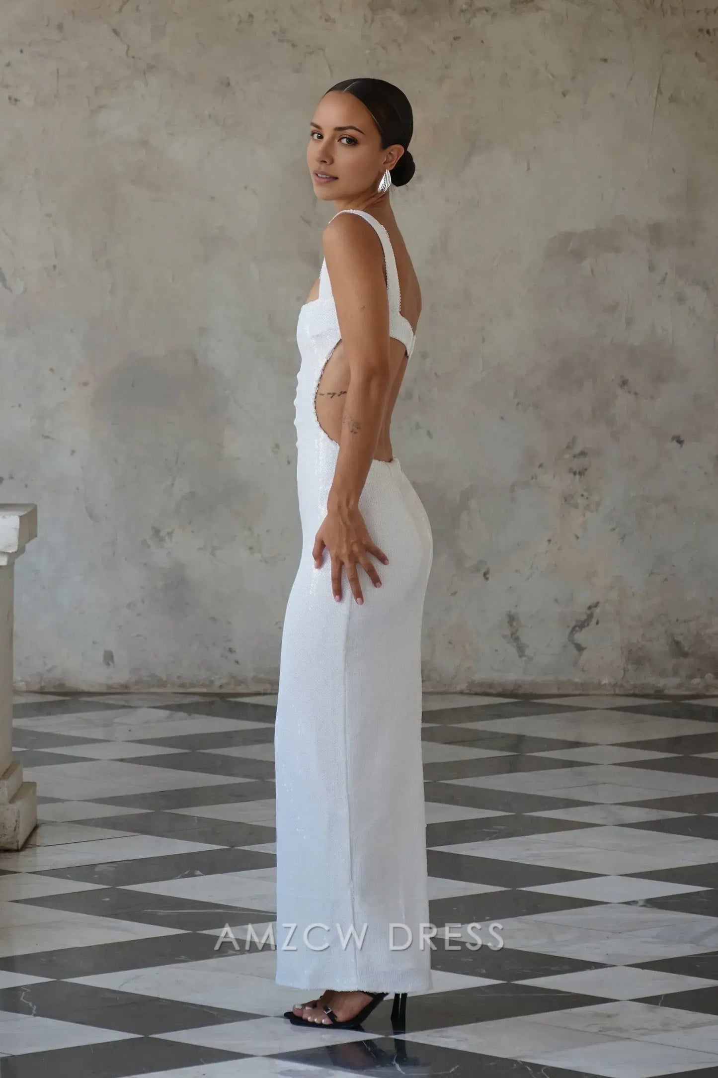 Amzcw Elegant Sequin - Embellished Maxi Dress with Cutout Details and Square Neckline: A Bold Choice for Glamorous Events