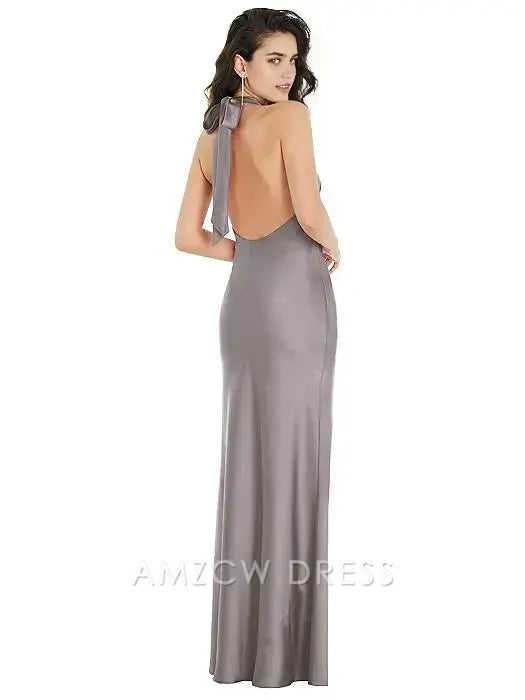 Elegante vestido de satén con cuello halter en gris plateado de Amzcw: realza tu look de noche.